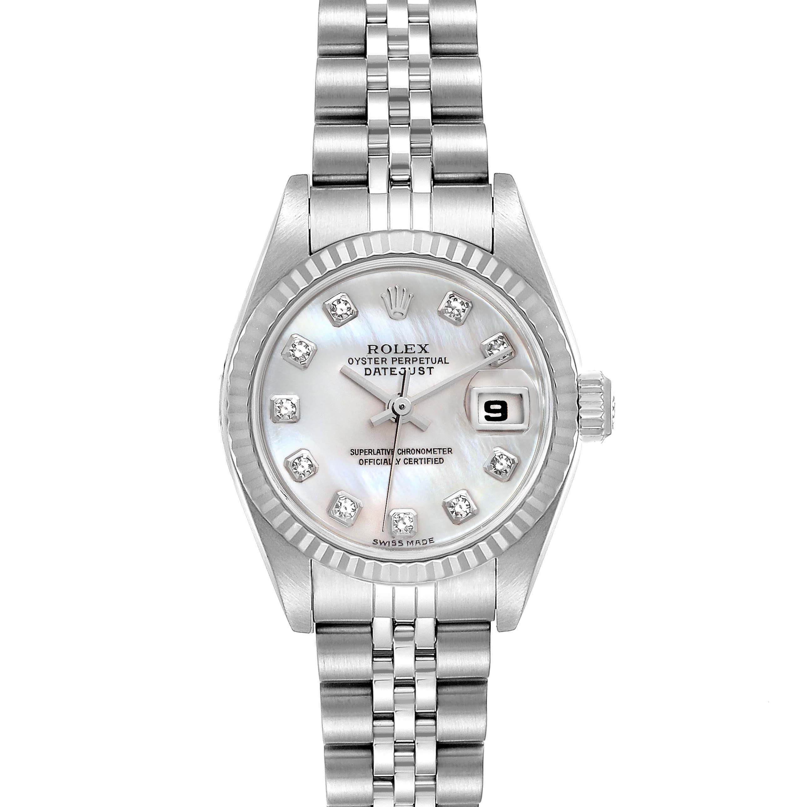 The image shows a front view of the Rolex Datejust 79174 Women
s Stainless Steel Mother of Pearl Dial 79174 Women
s Stainless Steel Mother of Pearl Dial watch, displaying the dial, bezel, and part of the bracelet.