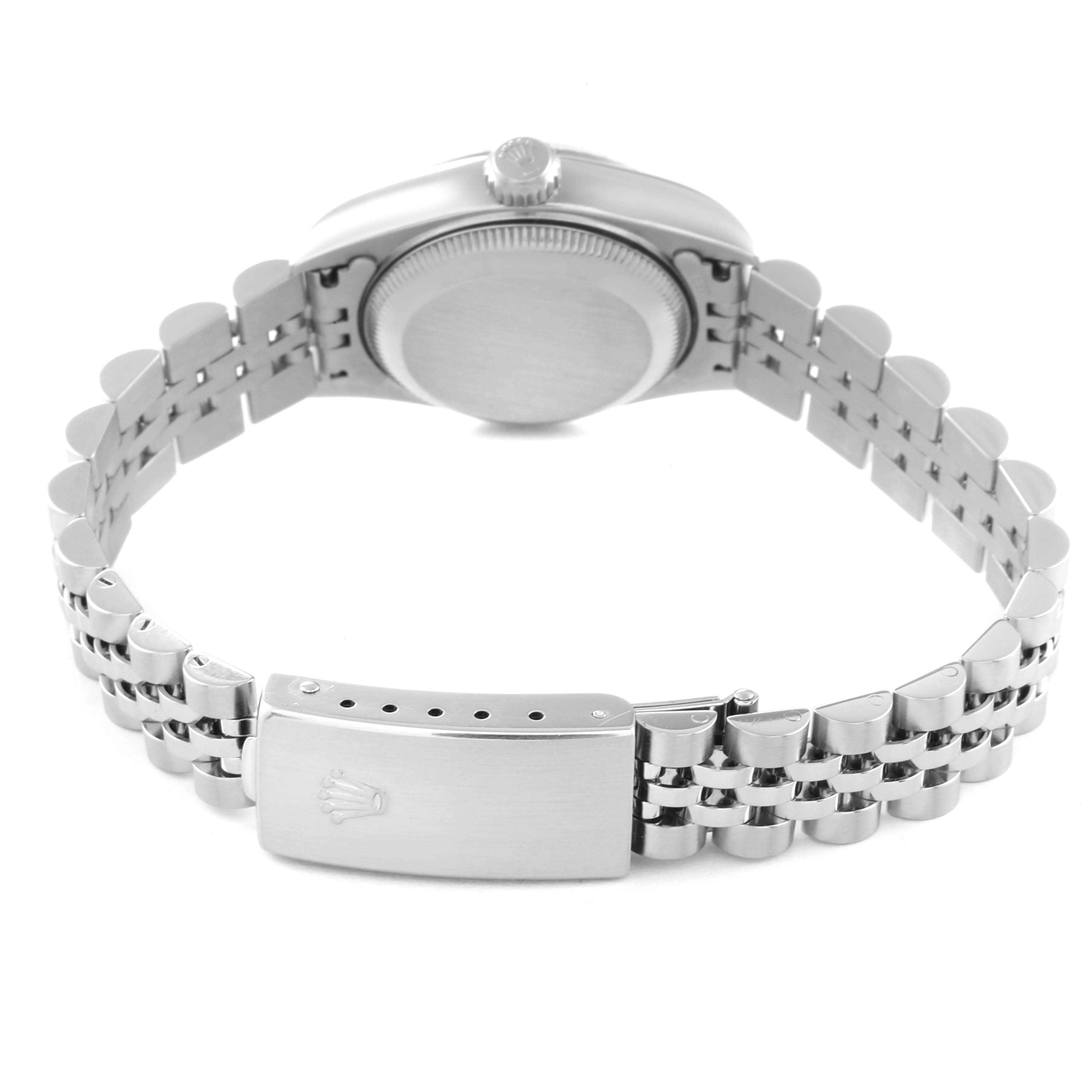 This is the back view of a Rolex Datejust 79174 Women
s Stainless Steel Mother of Pearl Dial 79174 Women
s Stainless Steel Mother of Pearl Dial watch, showing its case back, bracelet, and clasp with the Rolex logo.