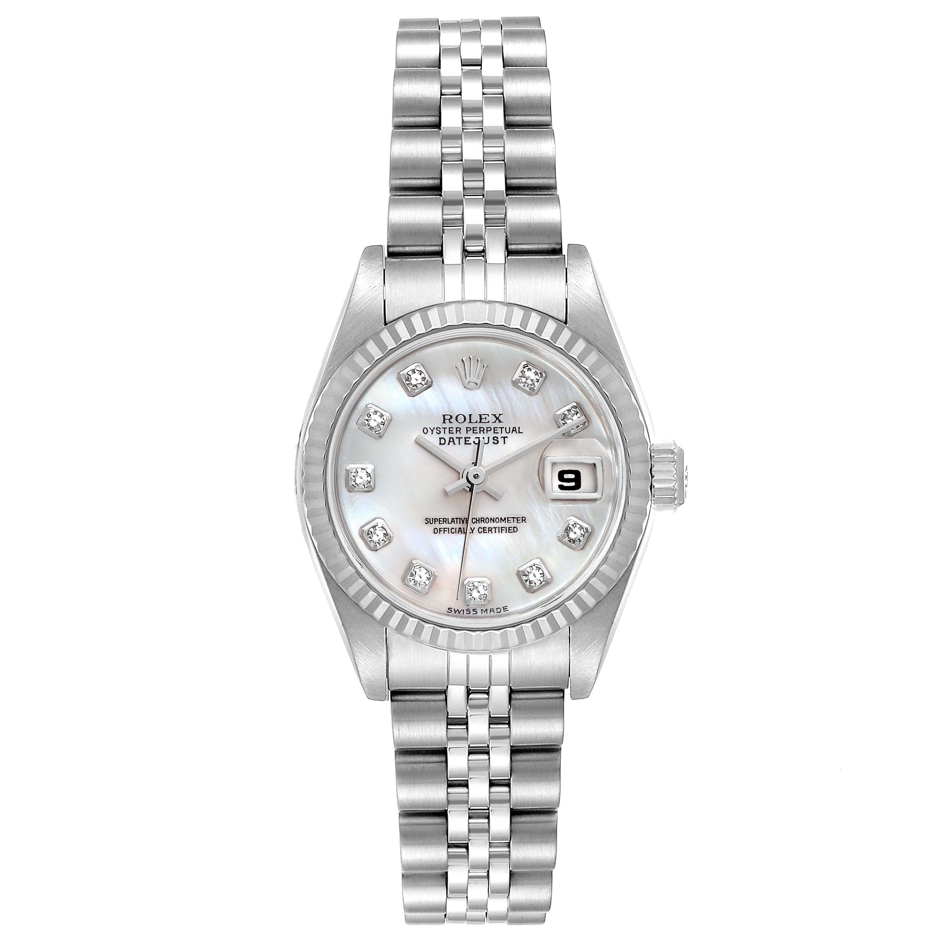 The image shows a front view of a Rolex Datejust 79174 Women
s Stainless Steel Mother of Pearl Dial 79174 Women
s Stainless Steel Mother of Pearl Dial watch with a fluted bezel, jubilee bracelet, and diamond hour markers.