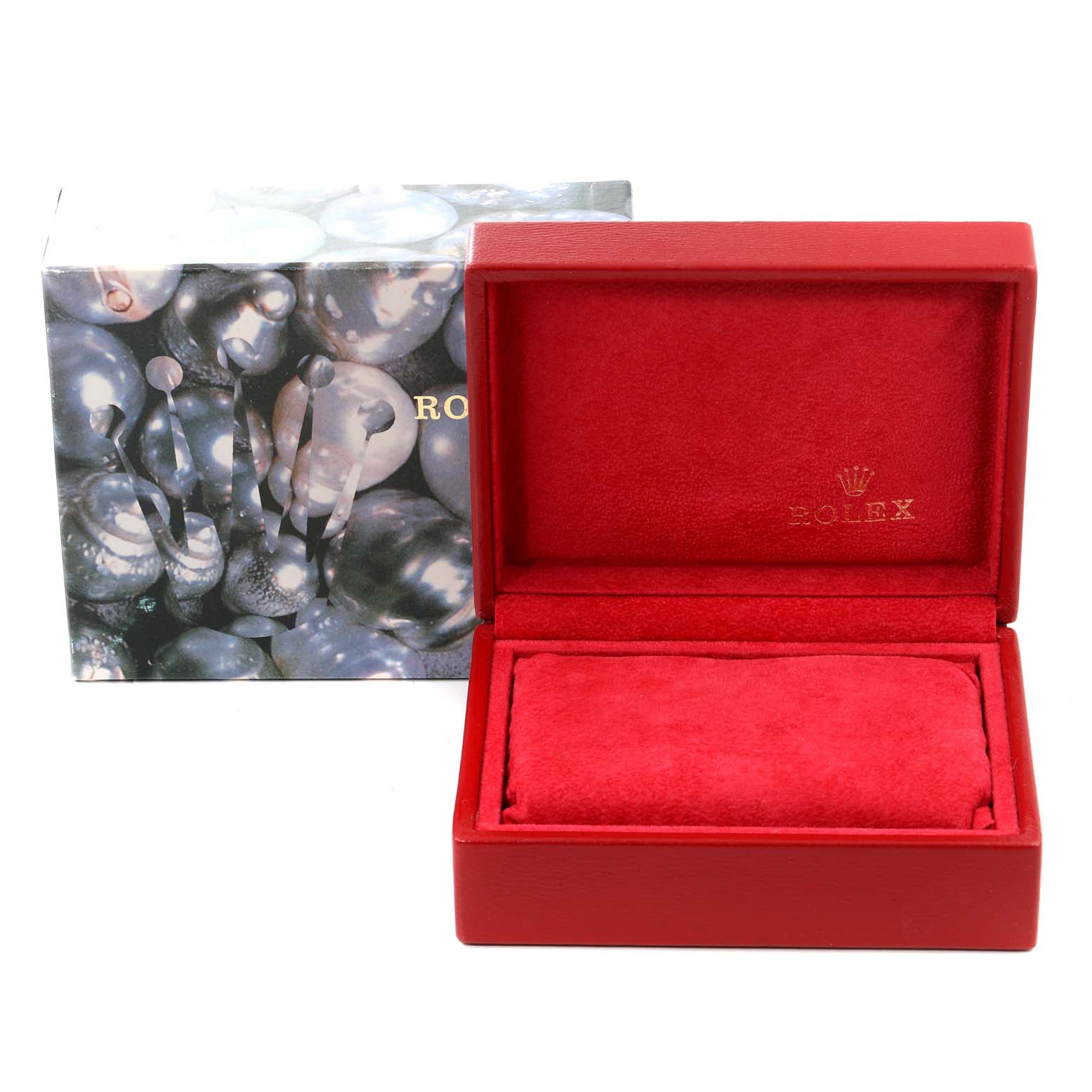 The image shows an open red Rolex Datejust 79174 Women
s Stainless Steel Mother of Pearl Dial 79174 Women
s Stainless Steel Mother of Pearl Dial watch box with the lid and pillow visible, along with its outer packaging.