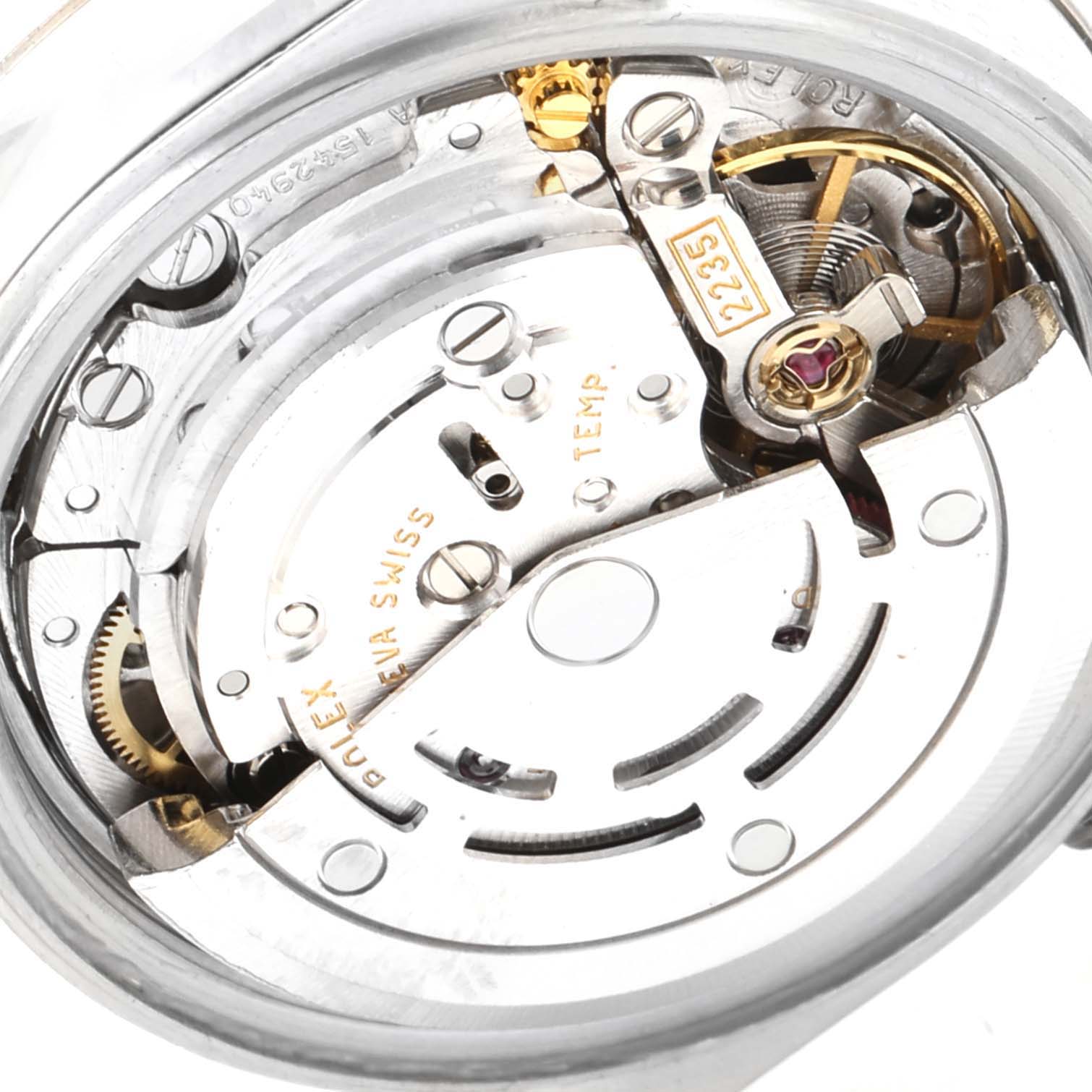 This image shows the inner mechanical movement of a Rolex Datejust 79174 Women
s Stainless Steel Mother of Pearl Dial 79174 Women
s Stainless Steel Mother of Pearl Dial watch, viewed from the back.