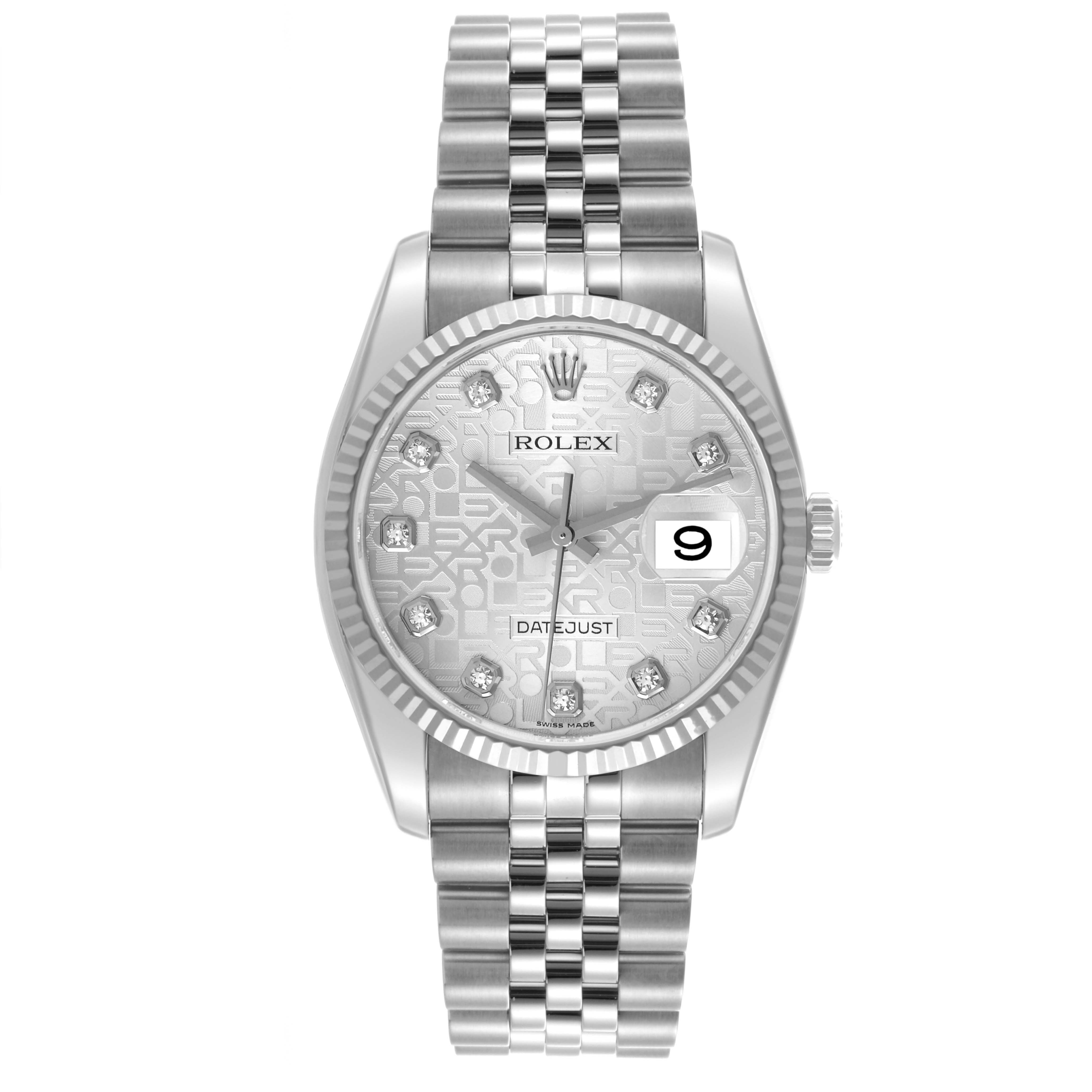 The Rolex Datejust 116234 Men
s Stainless Steel Silver Dial 116234 Men
s Stainless Steel Silver Dial watch is shown from the front, displaying the dial, bracelet, and date window.