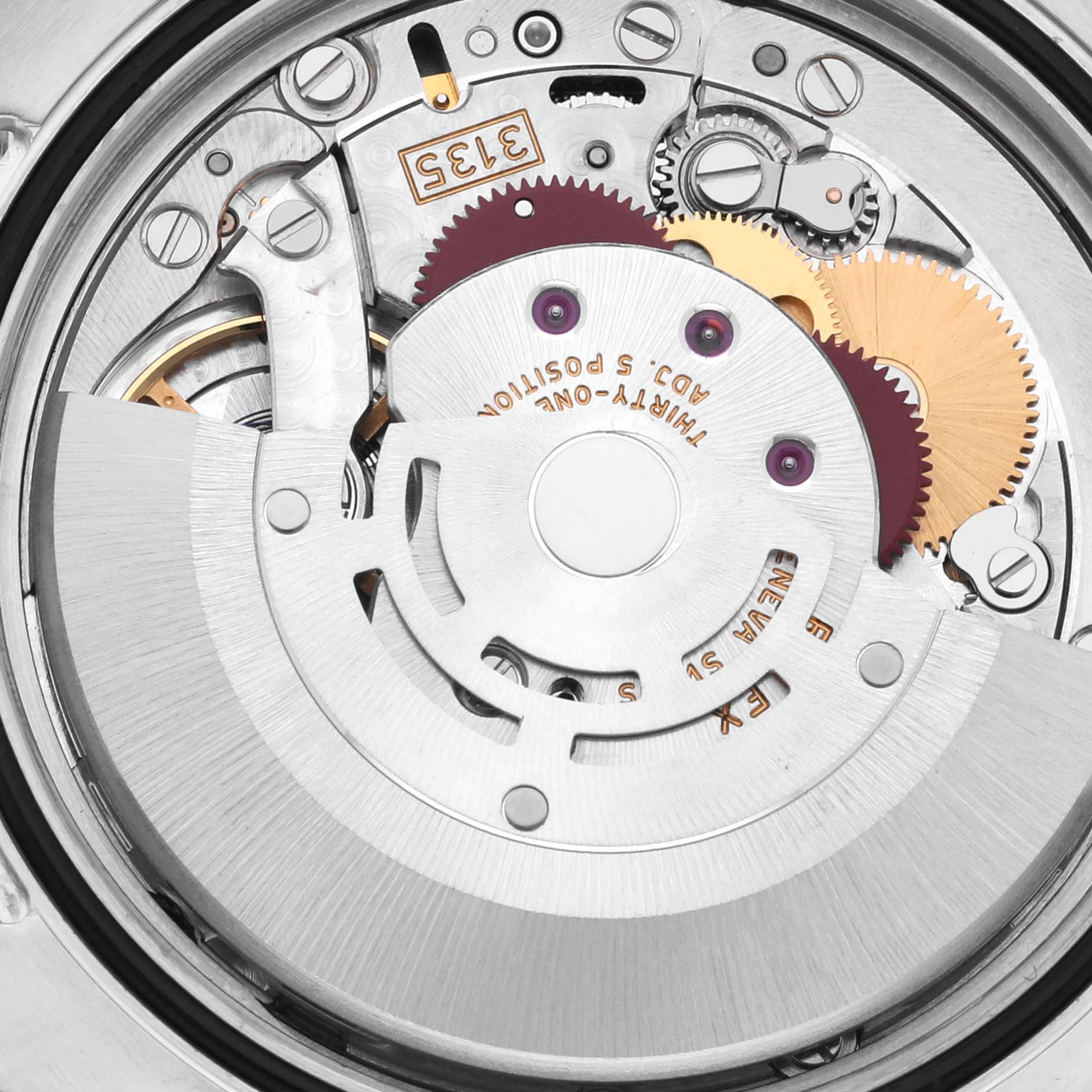 The image shows a close-up of the Rolex Datejust 116234 Men
s Stainless Steel Silver Dial 116234 Men
s Stainless Steel Silver Dial watch
s movement, highlighting gears, the rotor, and inner components.