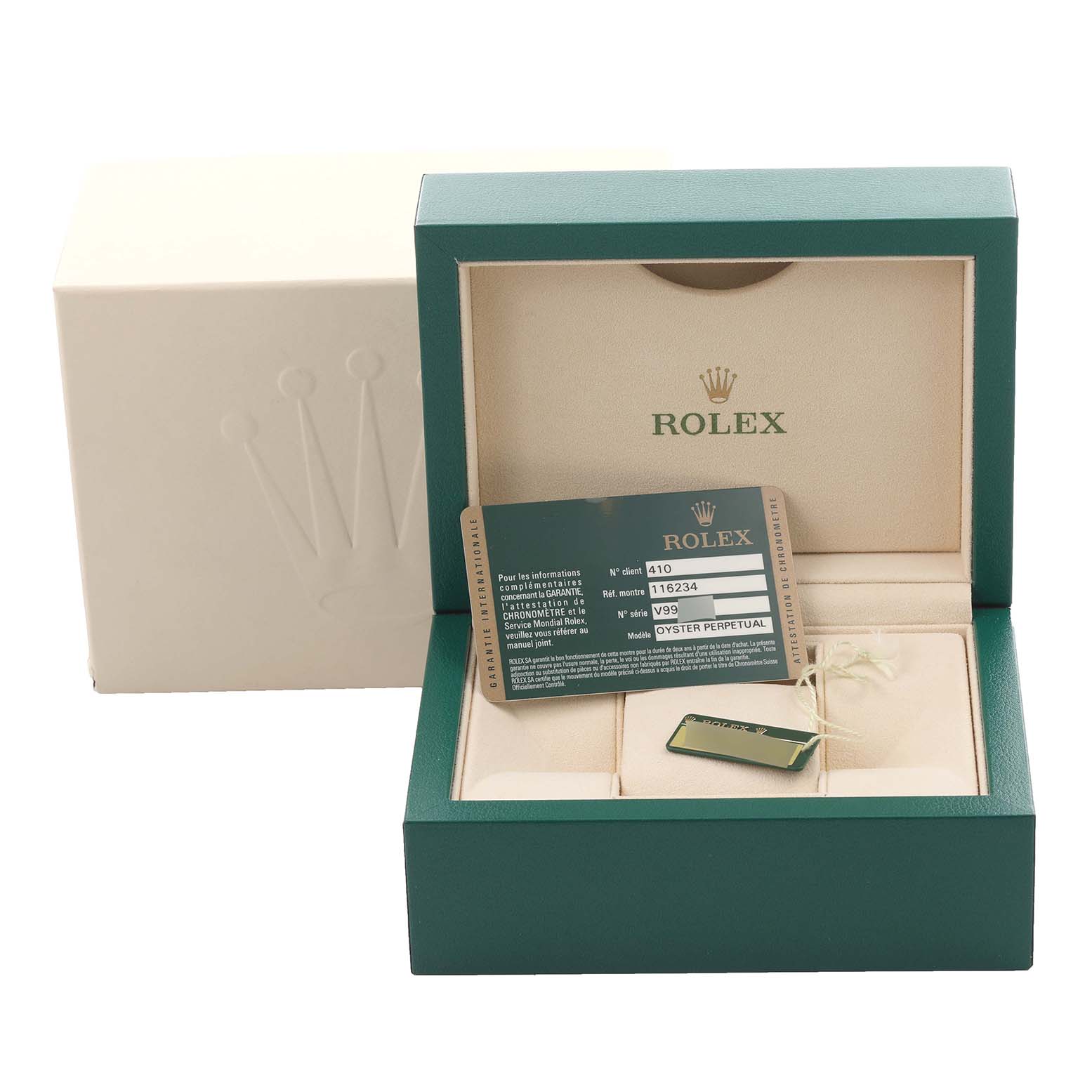 The image shows a Rolex Datejust 116234 Men
s Stainless Steel Silver Dial 116234 Men
s Stainless Steel Silver Dial watch box, warranty card, and a tag, viewed from the front with an open lid.