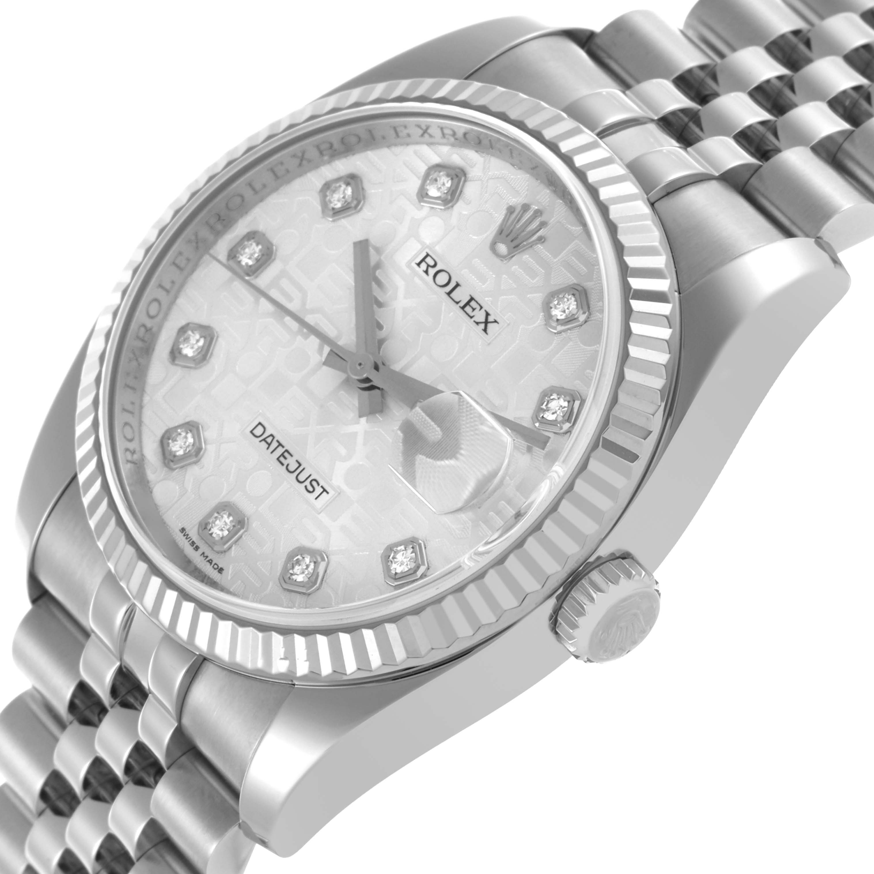 The Rolex Datejust 116234 Men
s Stainless Steel Silver Dial 116234 Men
s Stainless Steel Silver Dial watch is shown at an angled view, highlighting the dial, bezel, crown, and part of the bracelet.