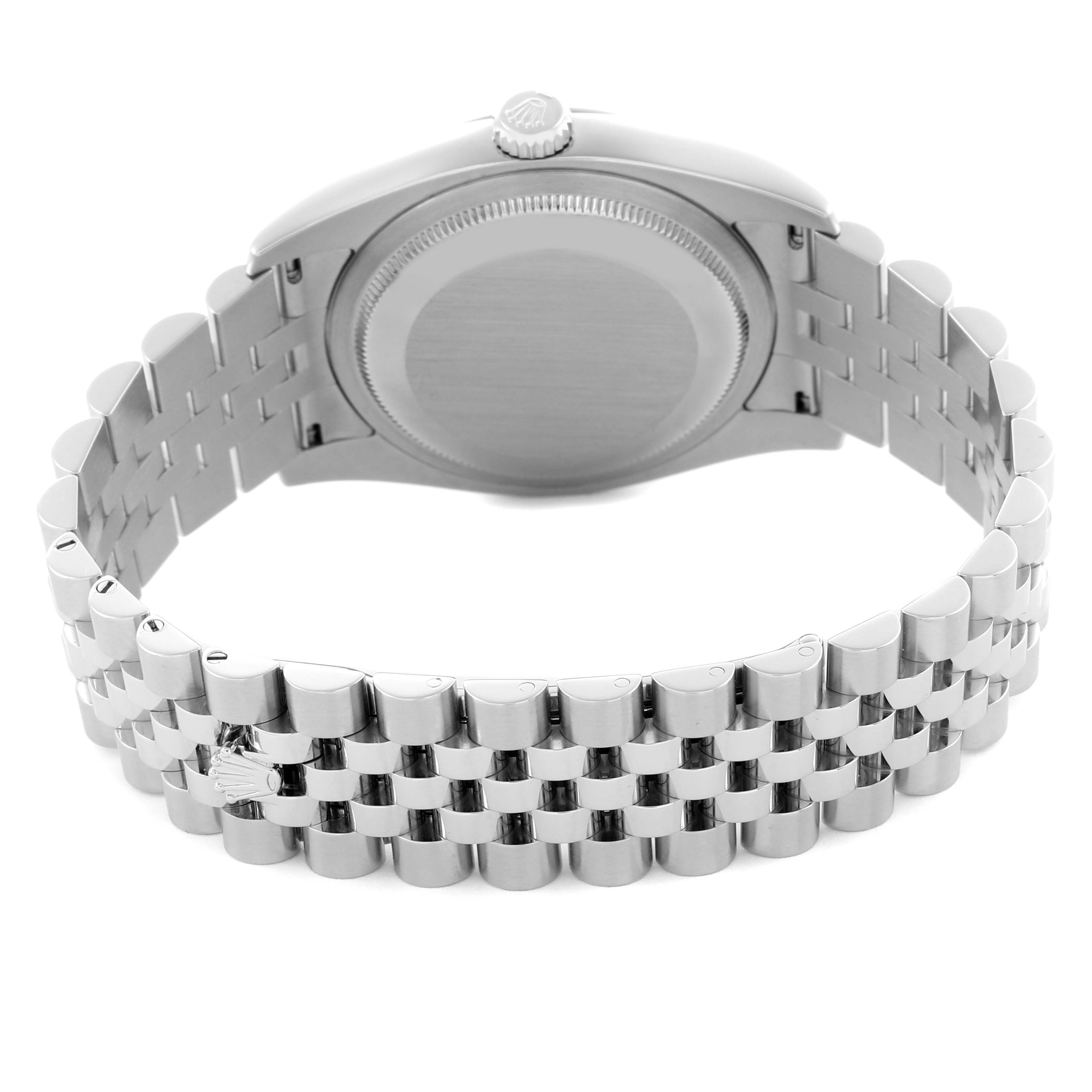 The image shows the back and bracelet of a Rolex Datejust 116234 Men
s Stainless Steel Silver Dial 116234 Men
s Stainless Steel Silver Dial watch, highlighting the case back and Jubilee bracelet.