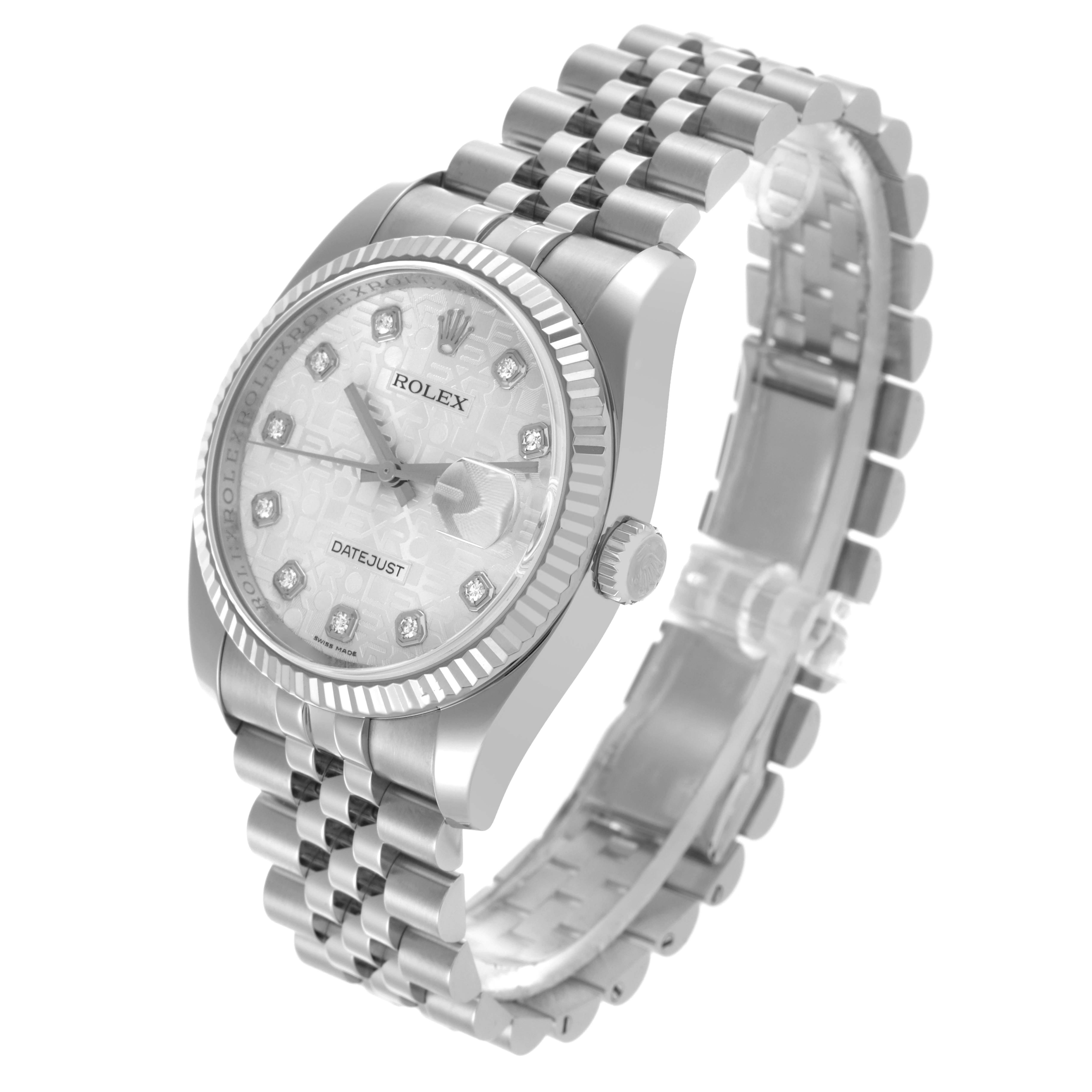 This image shows a Rolex Datejust 116234 Men
s Stainless Steel Silver Dial 116234 Men
s Stainless Steel Silver Dial watch at a three-quarter angle, highlighting the dial, bezel, crown, and bracelet.