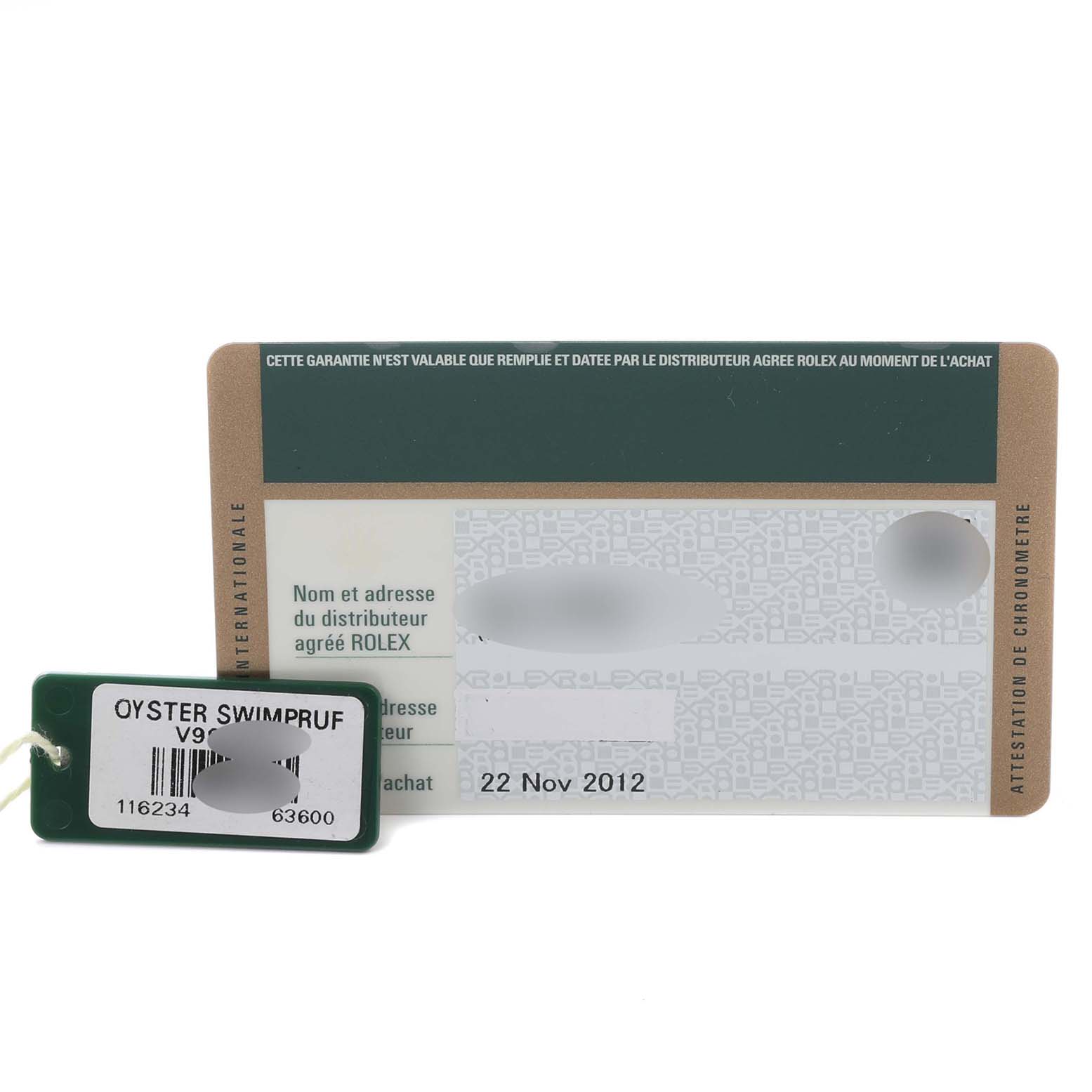 The image shows a warranty card and tag for a Rolex Datejust 116234 Men
s Stainless Steel Silver Dial 116234 Men
s Stainless Steel Silver Dial watch, featuring the brand
s logo and information.