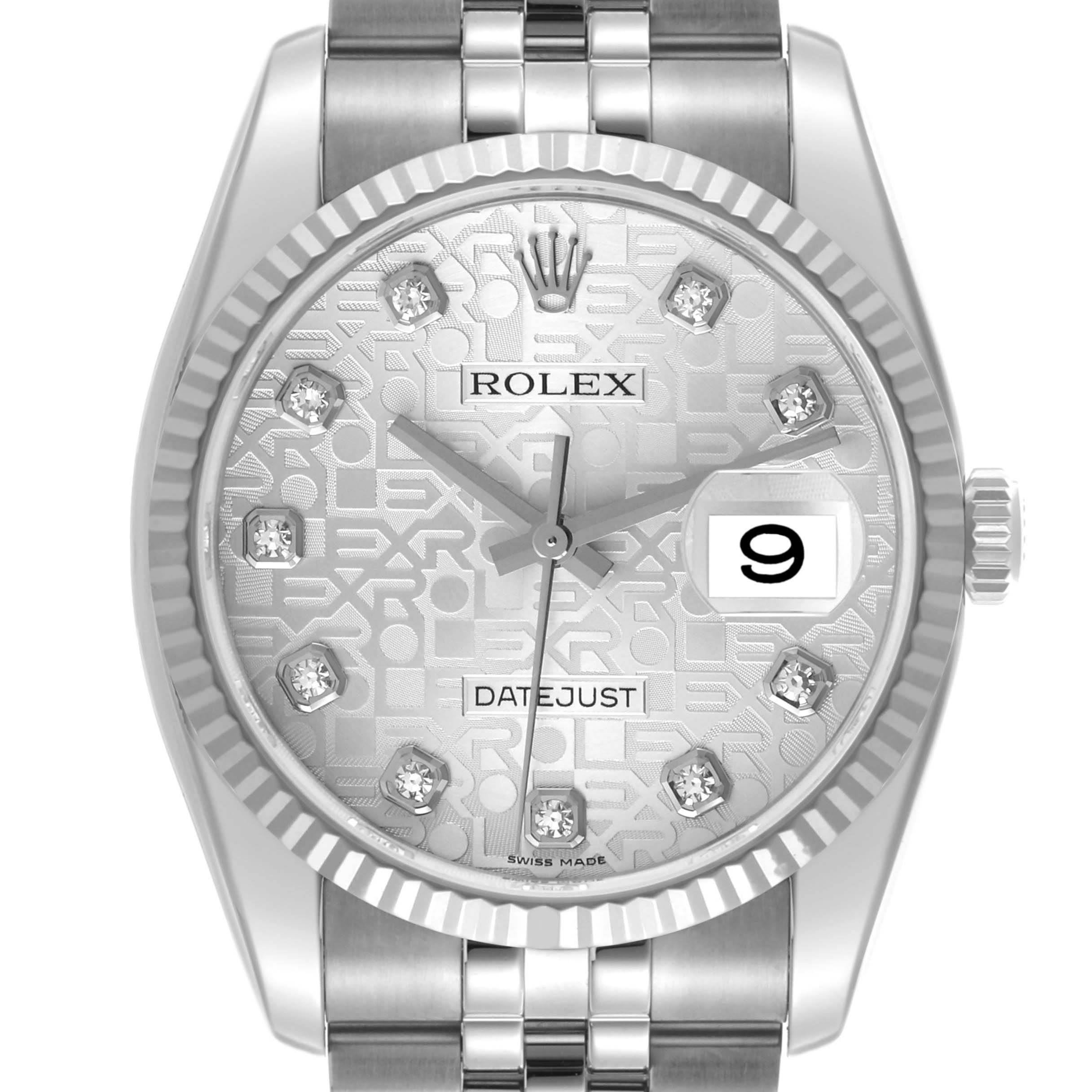 The image shows a front view of the Rolex Datejust 116234 Men
s Stainless Steel Silver Dial 116234 Men
s Stainless Steel Silver Dial watch, displaying its dial, hands, bezel, crown, and part of the bracelet.