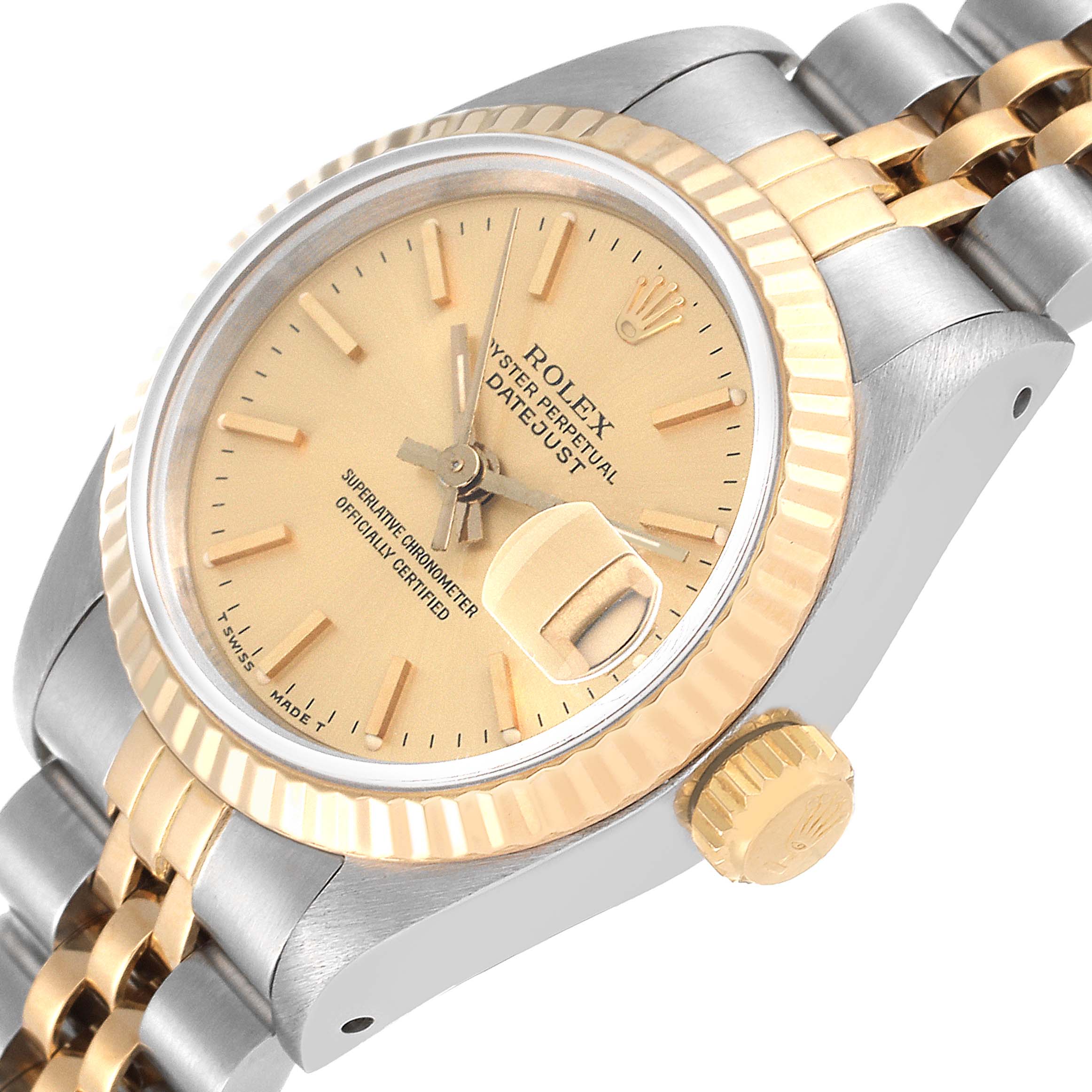 This image shows a Rolex Datejust 69173 Women's Steel and Gold (two tone) Champagne Dial 69173 Women's Steel and Gold (two tone) Champagne Dial watch from a slight angle, highlighting the dial, fluted bezel, crown, and part of the jubilee bracelet.