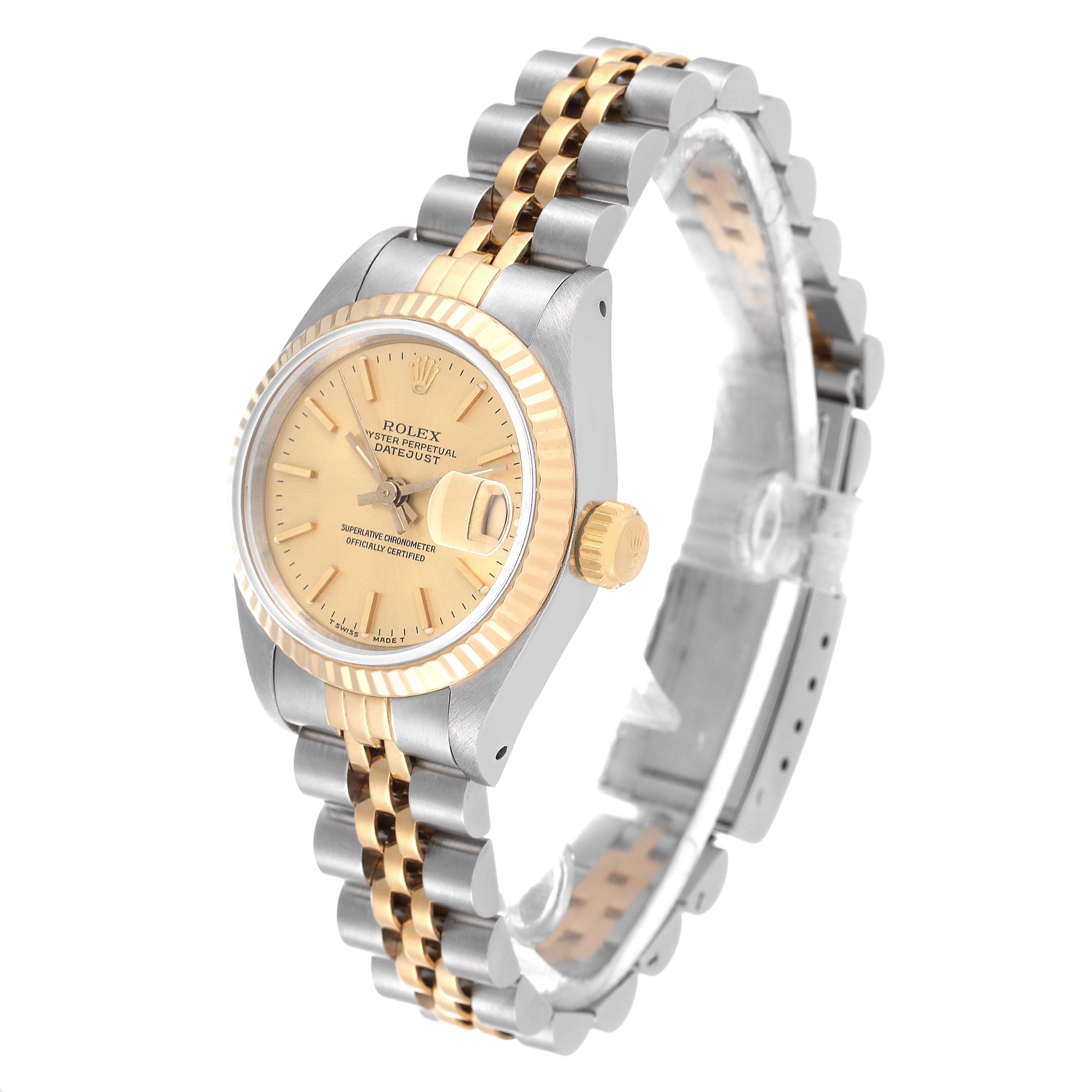 The image shows a Rolex Datejust 69173 Women's Steel and Gold (two tone) Champagne Dial 69173 Women's Steel and Gold (two tone) Champagne Dial watch at an angled side view, highlighting its face, case, and two-tone bracelet.