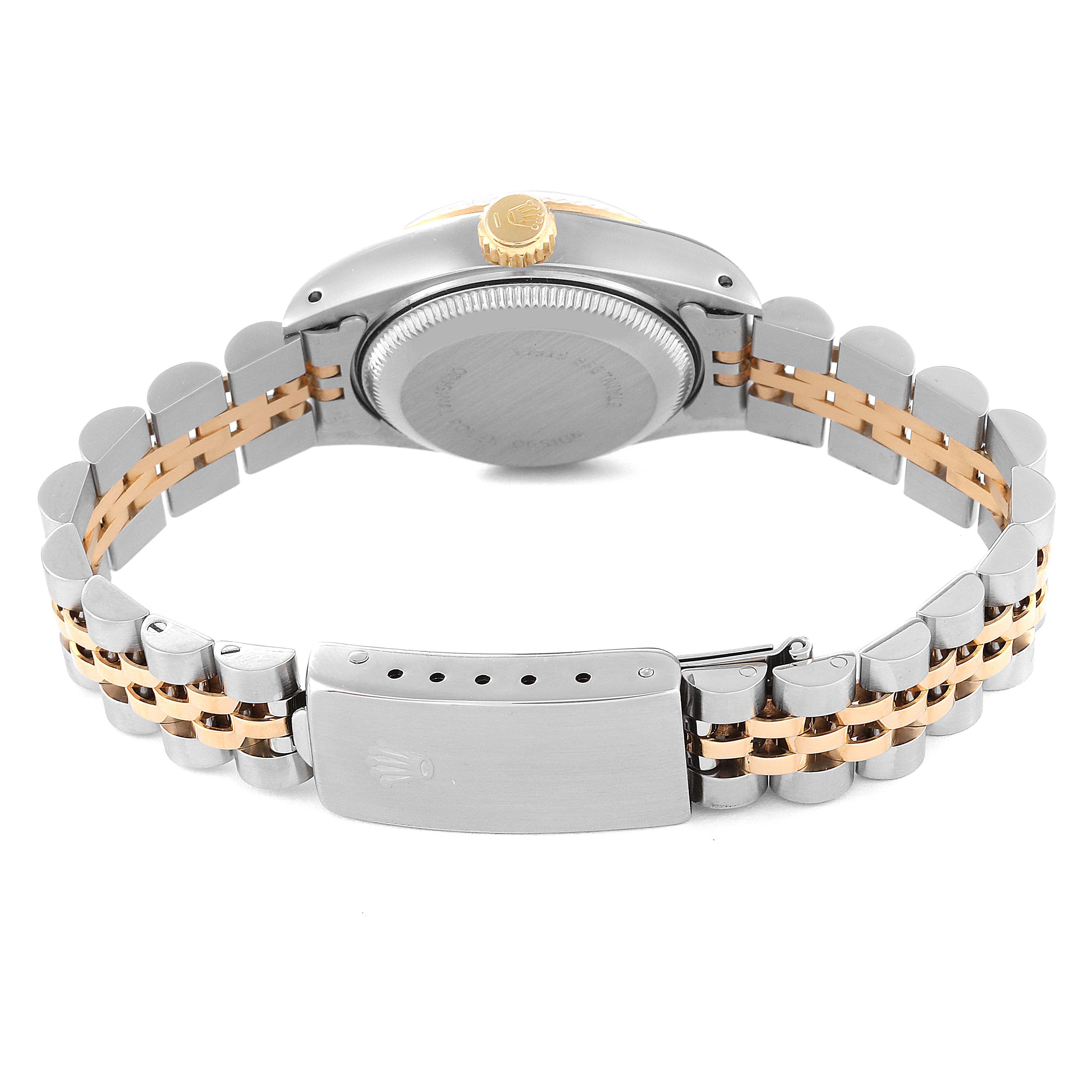 This image shows the case back, bracelet, and clasp of a Rolex Datejust 69173 Women's Steel and Gold (two tone) Champagne Dial 69173 Women's Steel and Gold (two tone) Champagne Dial watch from a rear angle.