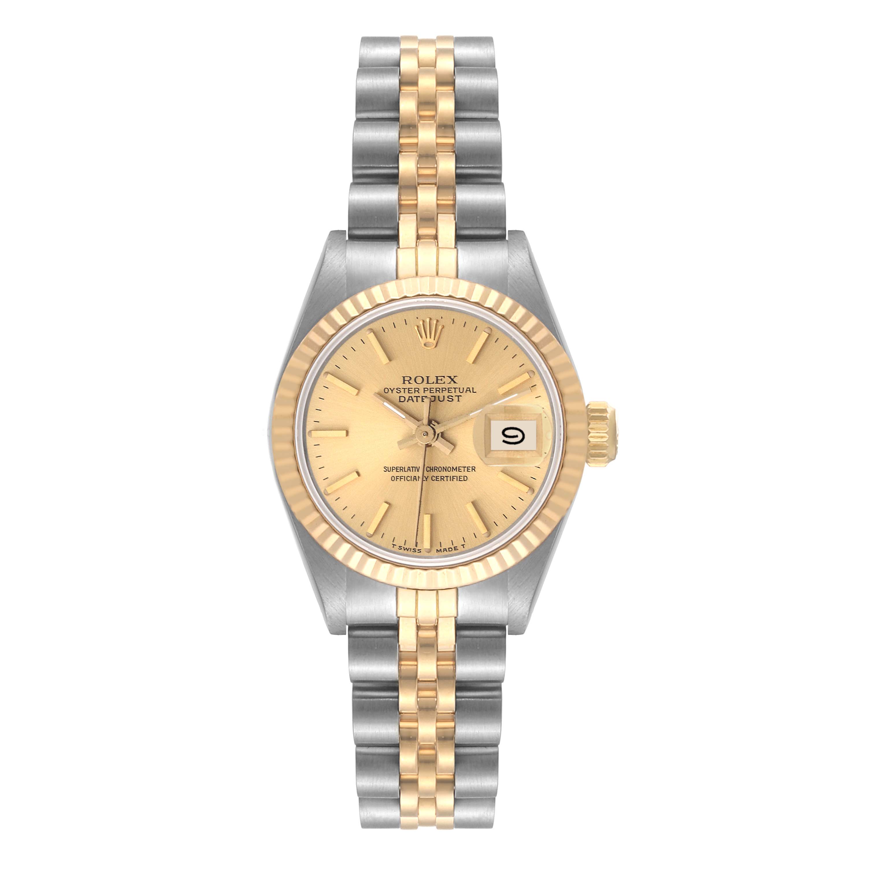 The image shows a front view of the Rolex Datejust 69173 Women's Steel and Gold (two tone) Champagne Dial 69173 Women's Steel and Gold (two tone) Champagne Dial watch displaying the dial, bezel, and bracelet.
