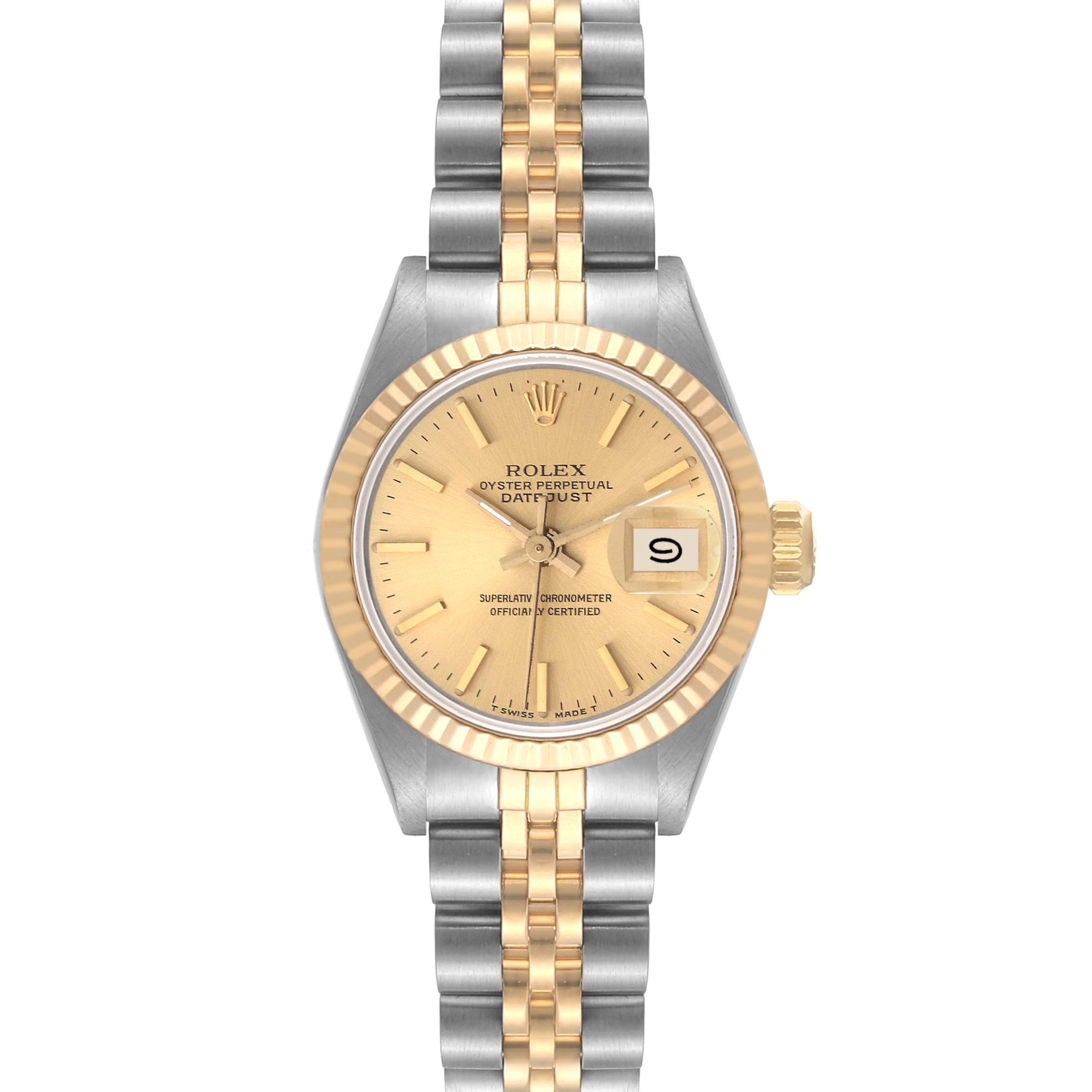 The Rolex Datejust 69173 Women's Steel and Gold (two tone) Champagne Dial 69173 Women's Steel and Gold (two tone) Champagne Dial watch is shown from the front, displaying its face, bezel, and bracelet.