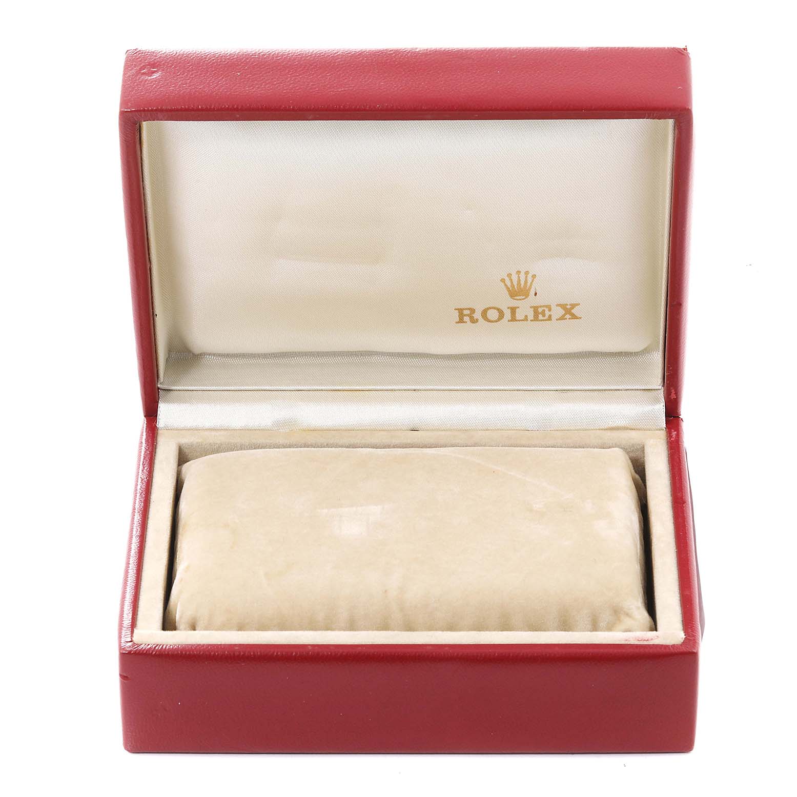The image shows an open Rolex box, likely for a Datejust model, with a cushion inside for holding the watch.