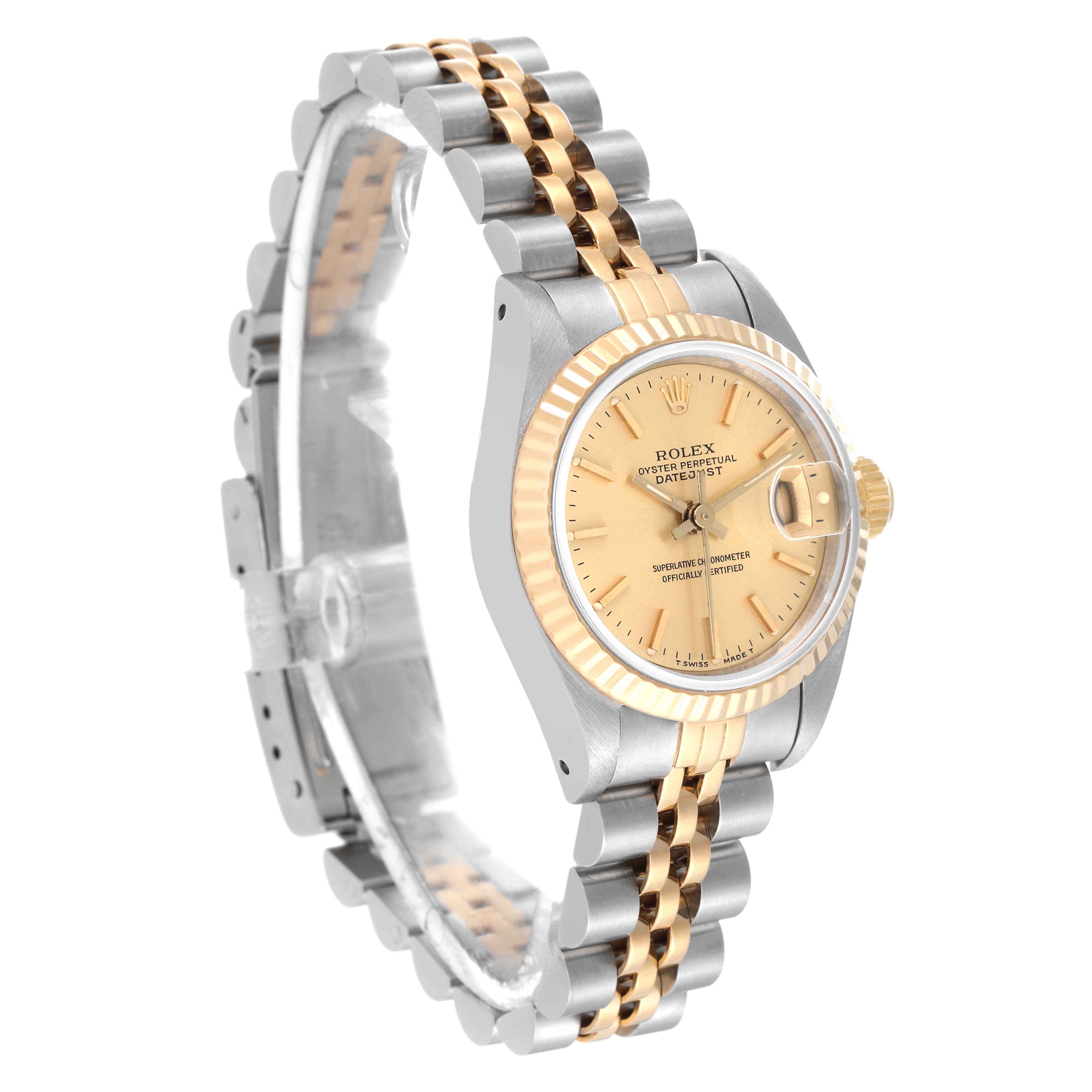 This image shows a side angle of a Rolex Datejust 69173 Women's Steel and Gold (two tone) Champagne Dial 69173 Women's Steel and Gold (two tone) Champagne Dial watch, highlighting its face, bezel, and two-tone bracelet.