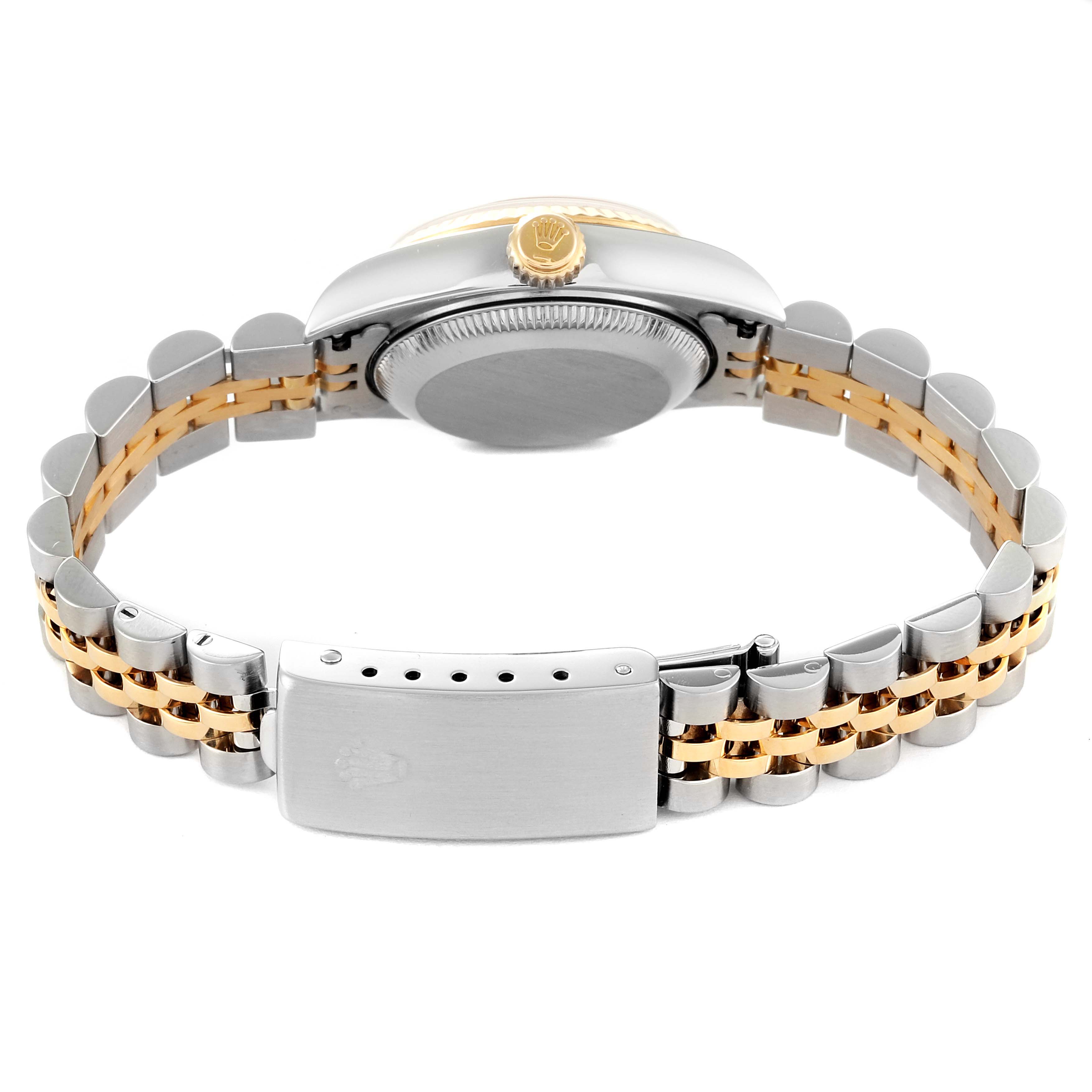 The image shows a Rolex Datejust 79173 Women's Steel and Gold (two tone) Champagne Dial 79173 Women's Steel and Gold (two tone) Champagne Dial watch from the back, highlighting its case, crown, and two-tone bracelet with a clasp.