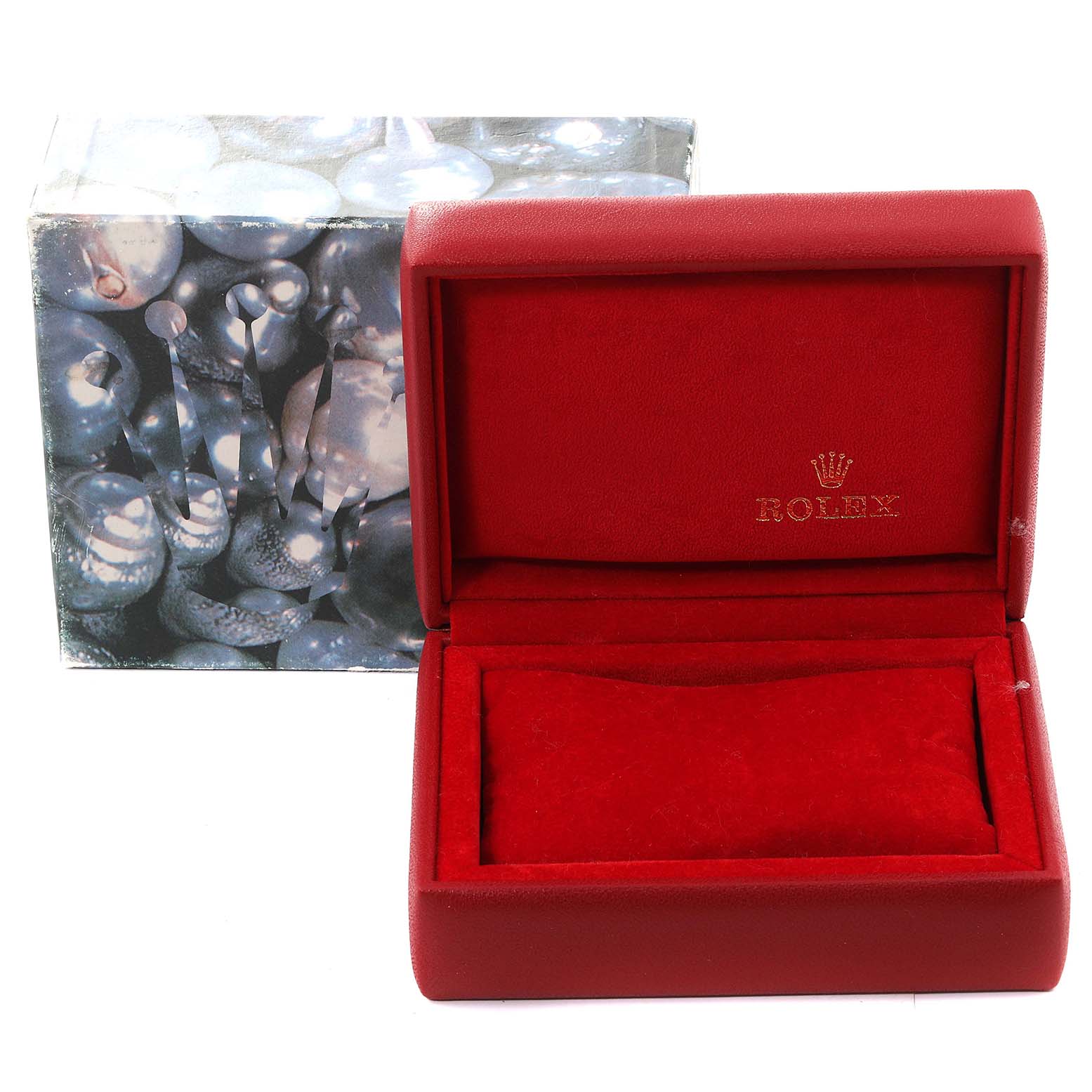 The image shows an empty red Rolex Datejust 79173 Women's Steel and Gold (two tone) Champagne Dial 79173 Women's Steel and Gold (two tone) Champagne Dial watch box with the lid open, alongside a decorative outer box.