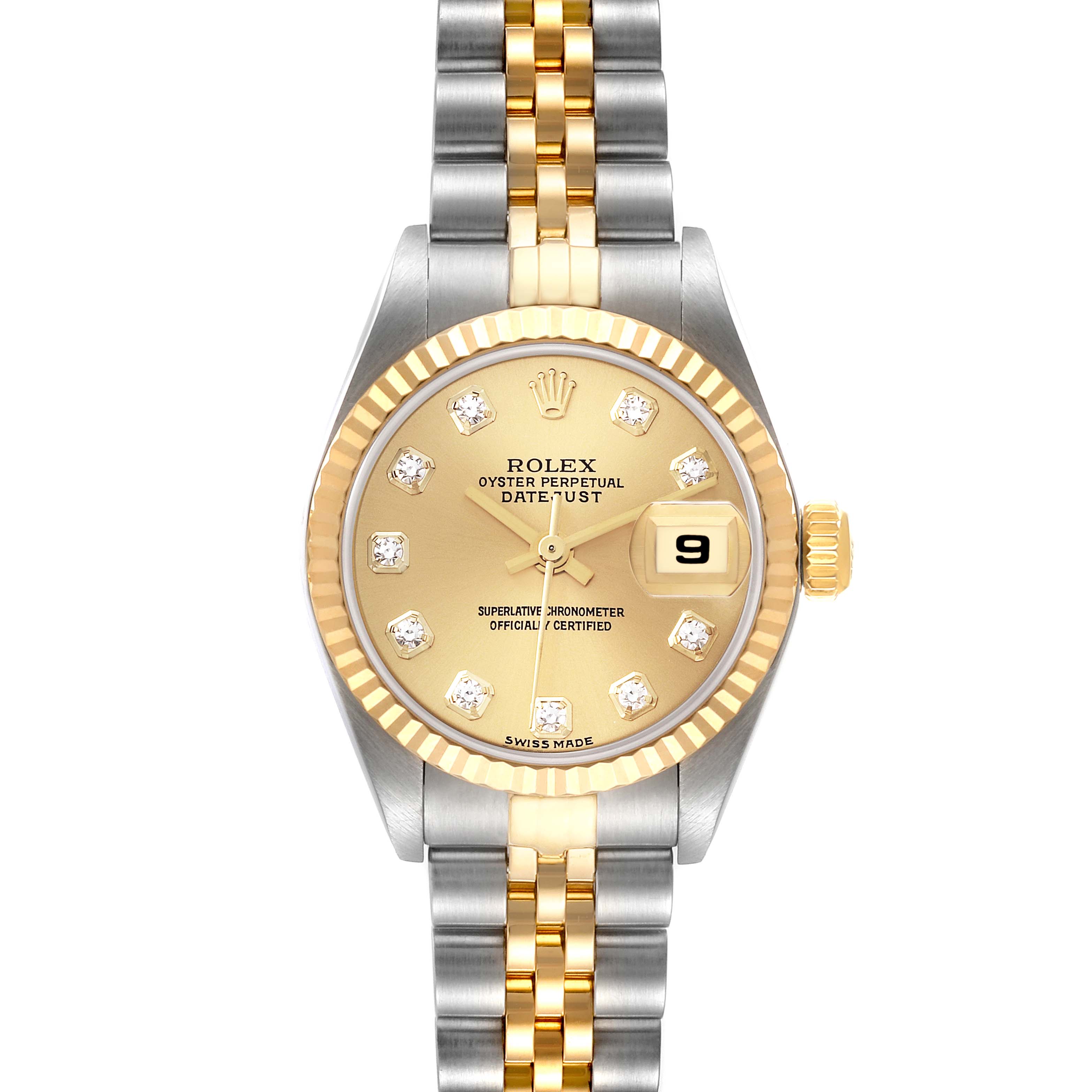The image shows a front view of a Rolex Datejust 79173 Women's Steel and Gold (two tone) Champagne Dial 79173 Women's Steel and Gold (two tone) Champagne Dial watch, displaying its dial, bezel, and bracelet.