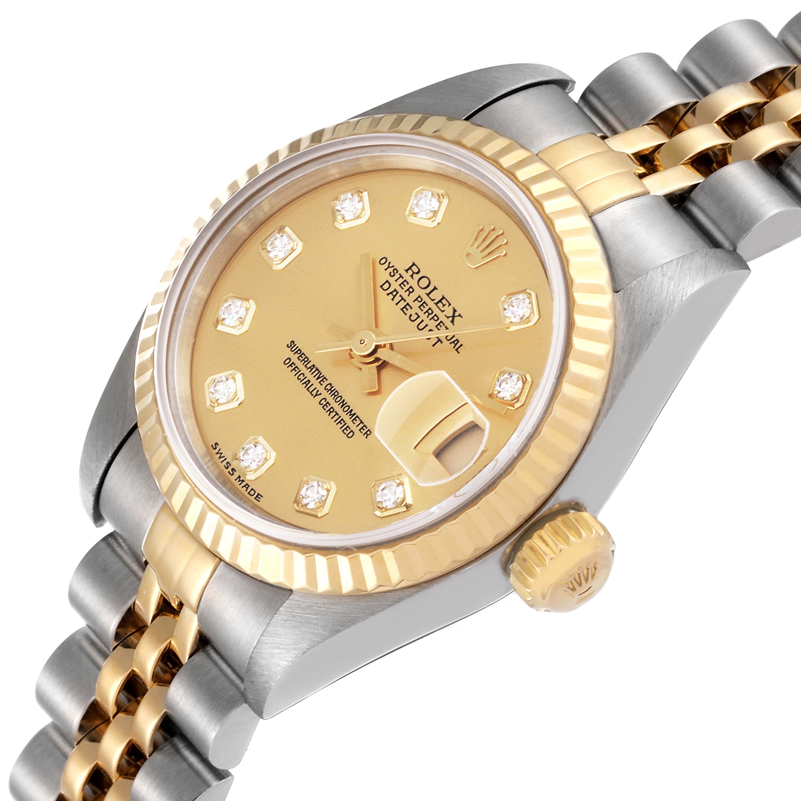 The Rolex Datejust 79173 Women's Steel and Gold (two tone) Champagne Dial 79173 Women's Steel and Gold (two tone) Champagne Dial model watch is shown at a tilted angle, featuring its gold dial, diamond hour markers, and two-tone Jubilee bracelet.