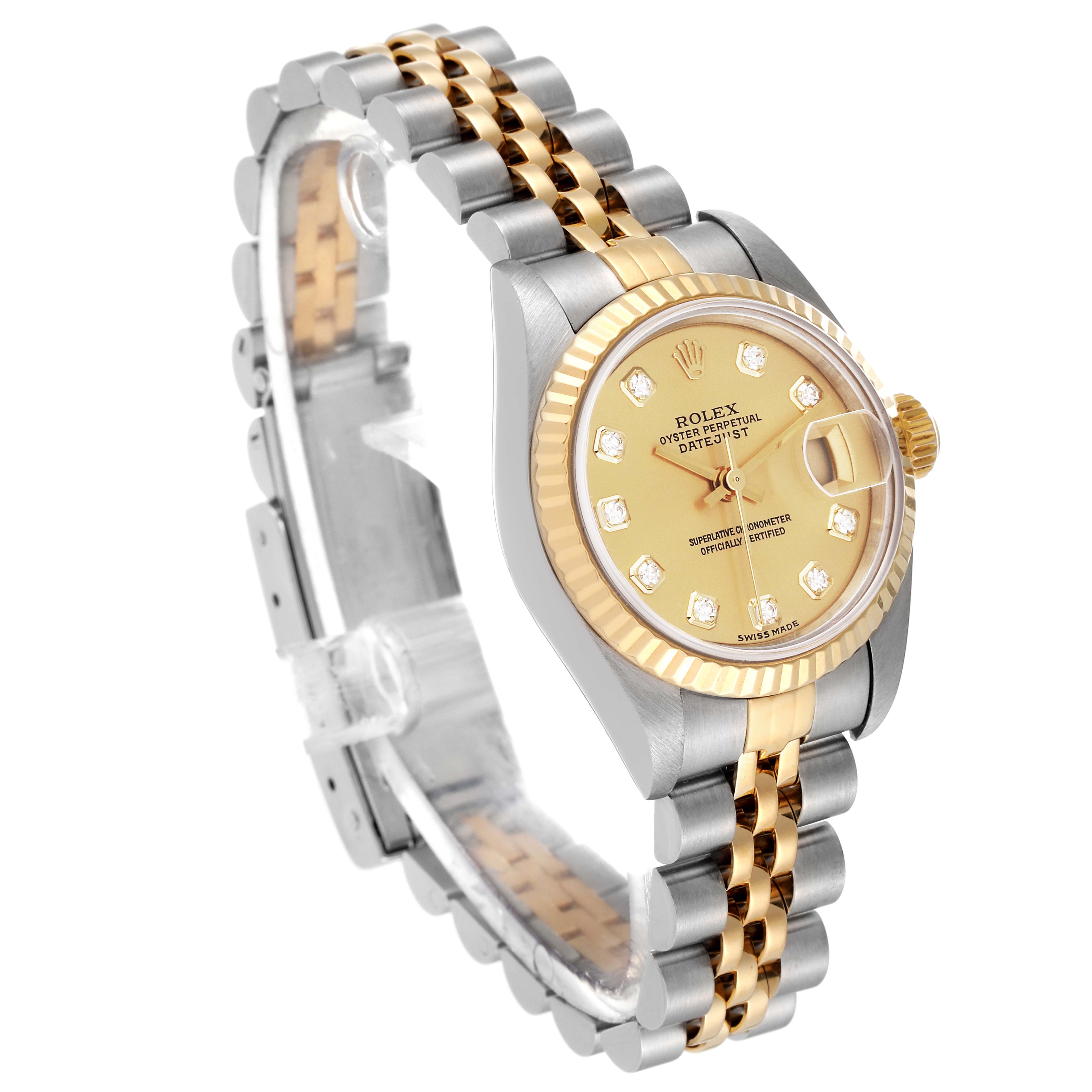 This Rolex Datejust 79173 Women's Steel and Gold (two tone) Champagne Dial 79173 Women's Steel and Gold (two tone) Champagne Dial watch is shown at an oblique angle, highlighting its two-tone bracelet, gold dial, and fluted bezel.