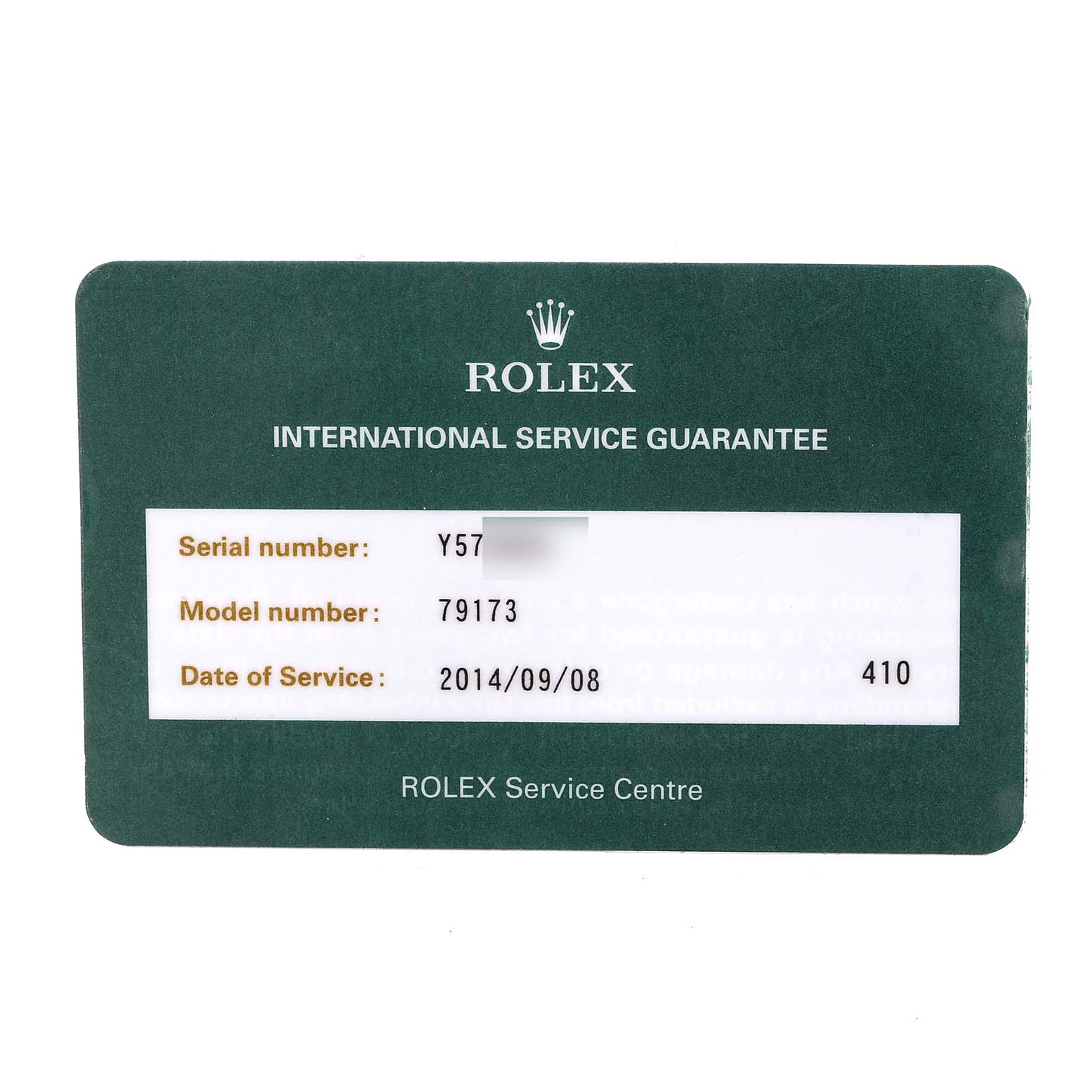 This image shows a Rolex International Service Guarantee card for the Datejust model, including serial and model numbers, and date of service.