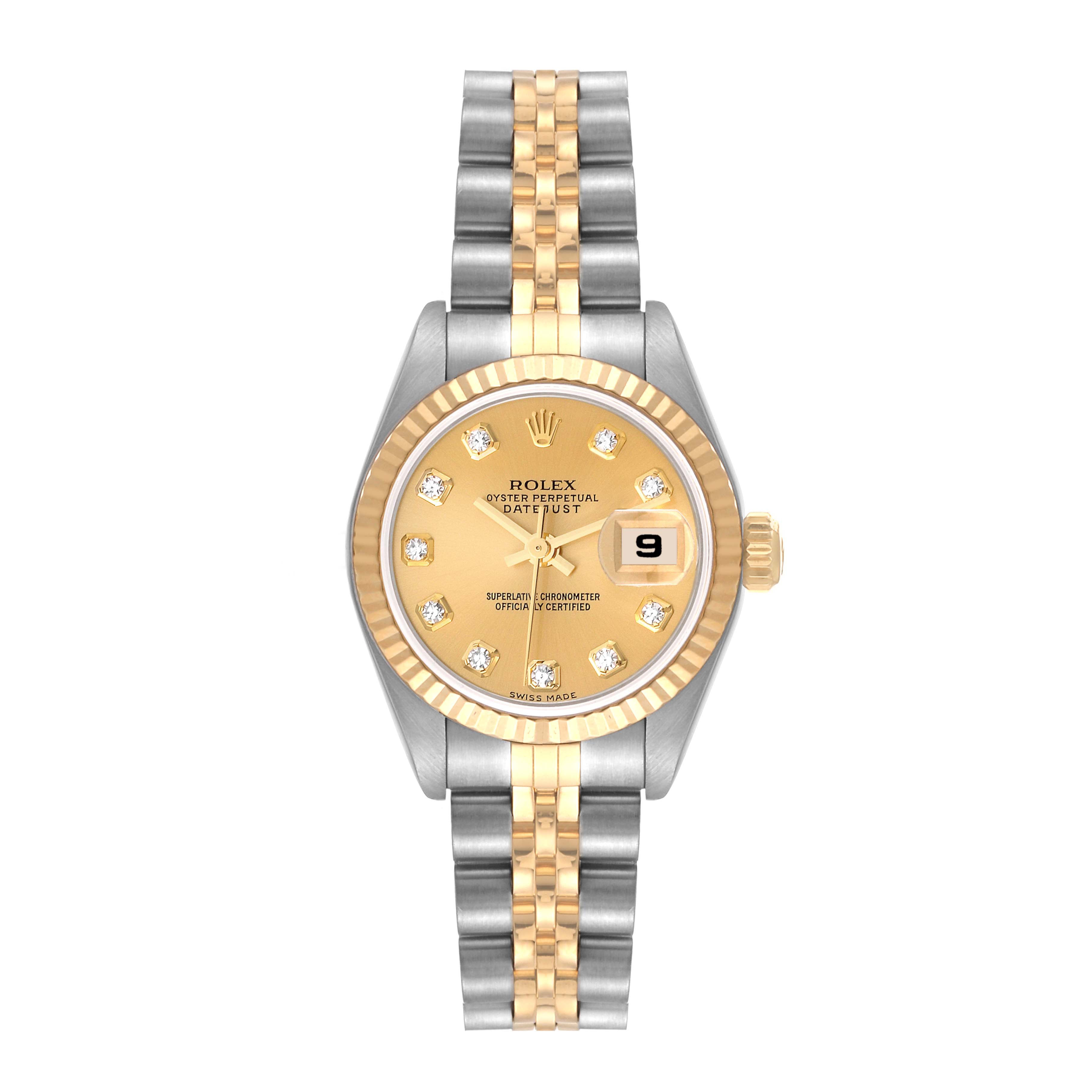 This image shows a front view of a Rolex Datejust 79173 Women's Steel and Gold (two tone) Champagne Dial 79173 Women's Steel and Gold (two tone) Champagne Dial watch, highlighting its gold bezel, champagne dial, and two-tone bracelet.