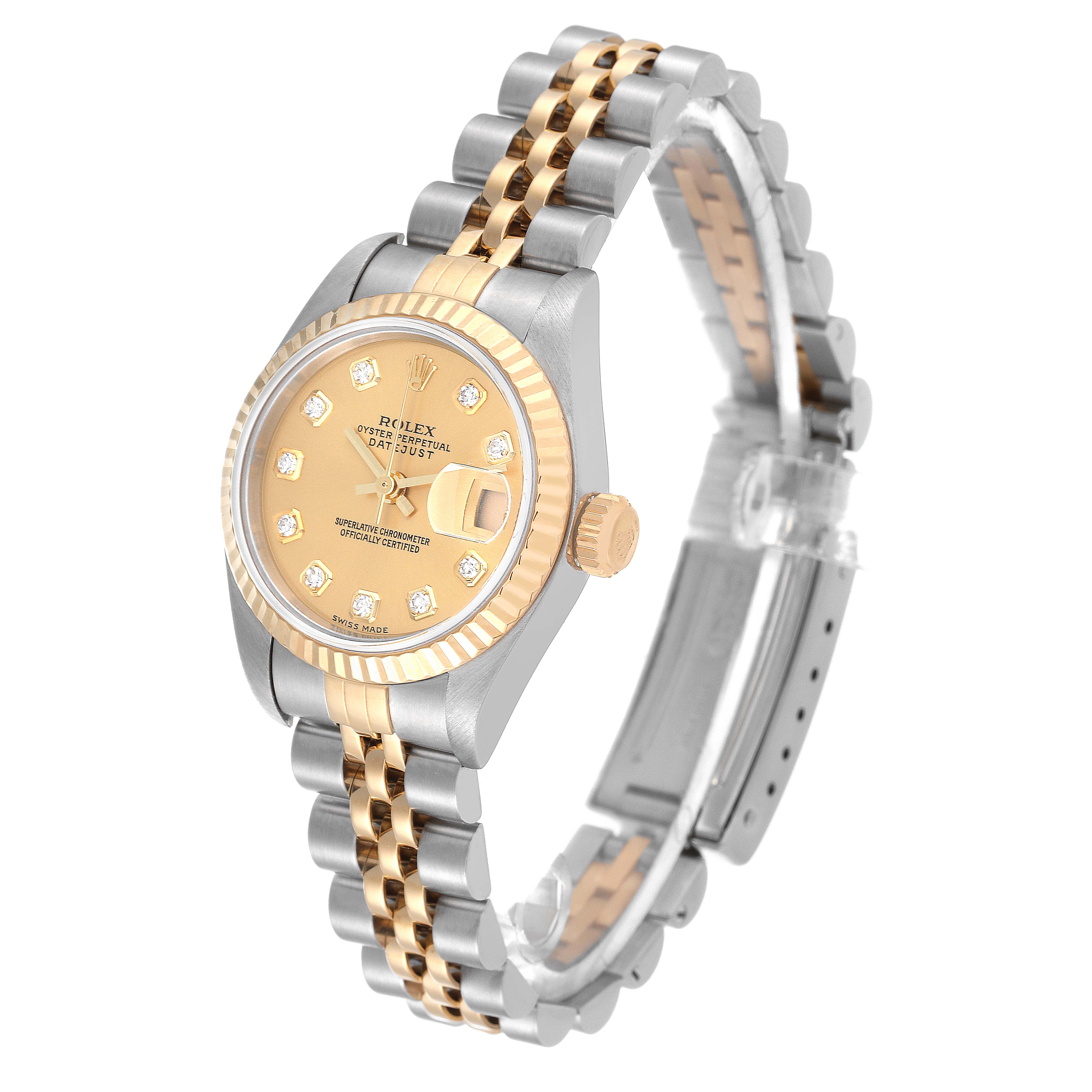 The image shows a side angle of a Rolex Datejust 79173 Women's Steel and Gold (two tone) Champagne Dial 79173 Women's Steel and Gold (two tone) Champagne Dial watch, highlighting its bezel, dial, crown, and two-tone bracelet.