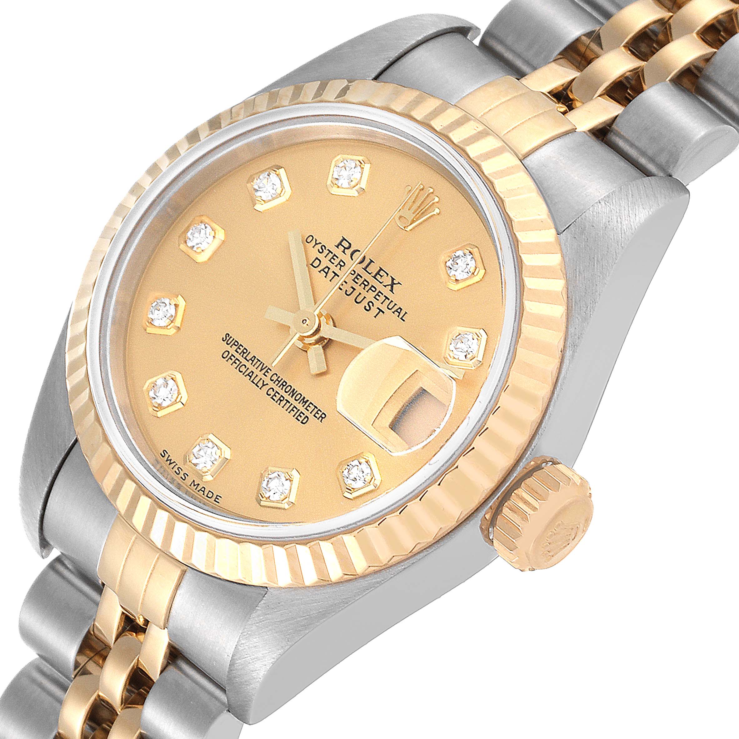 This image shows a Rolex Datejust 79173 Women's Steel and Gold (two tone) Champagne Dial 79173 Women's Steel and Gold (two tone) Champagne Dial watch at an angled close-up, highlighting the dial, bezel, and part of the bracelet.
