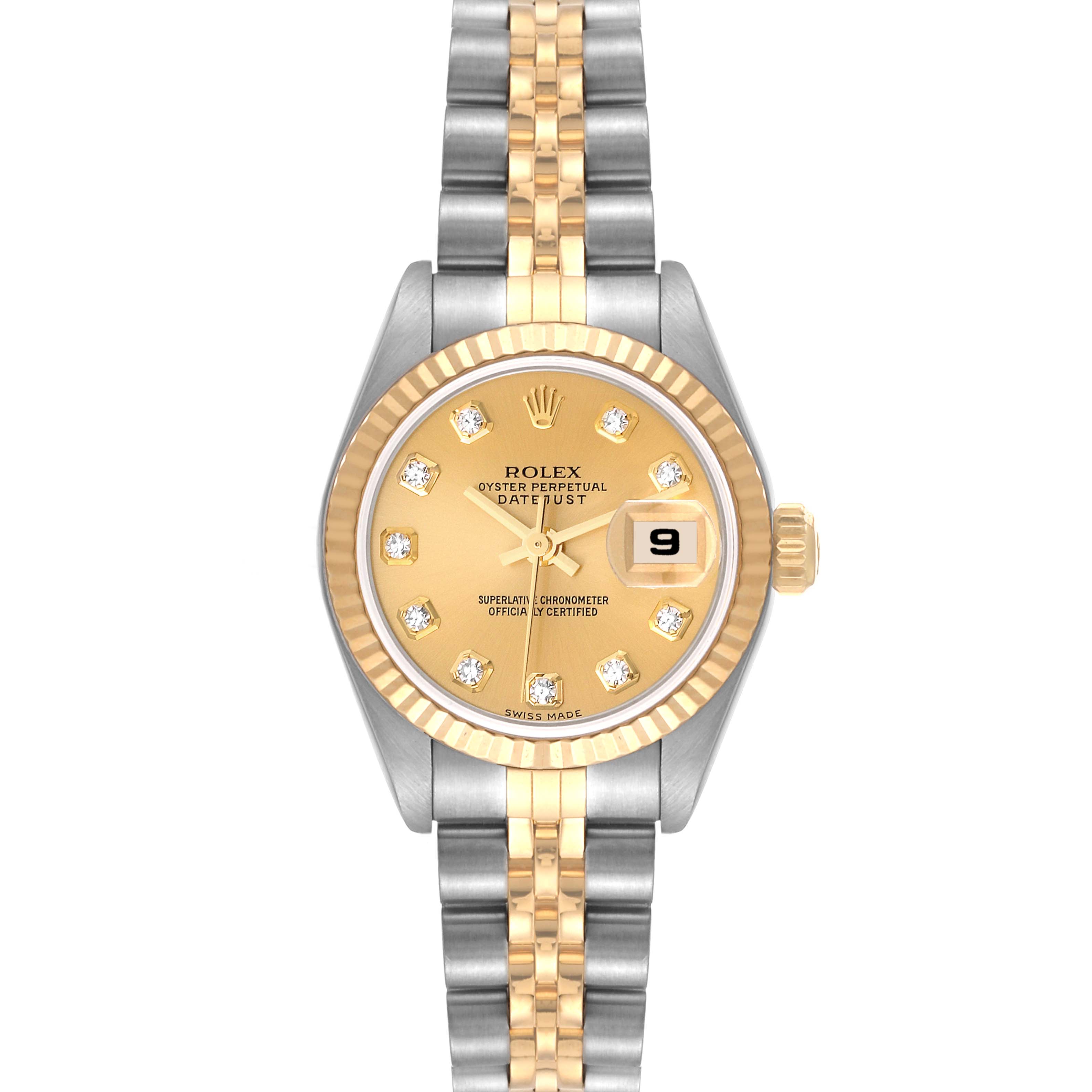 This image shows a Rolex Datejust 79173 Women's Steel and Gold (two tone) Champagne Dial 79173 Women's Steel and Gold (two tone) Champagne Dial watch from a straight-on angle, highlighting the dial, bezel, and bracelet.