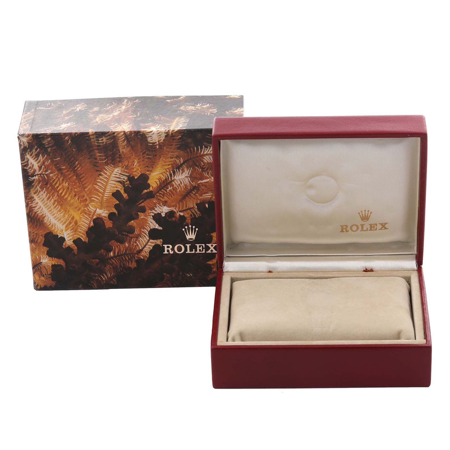 The image shows an open box for a Rolex Datejust 79173 Women's Steel and Gold (two tone) Champagne Dial 79173 Women's Steel and Gold (two tone) Champagne Dial watch, along with its decorative outer packaging.