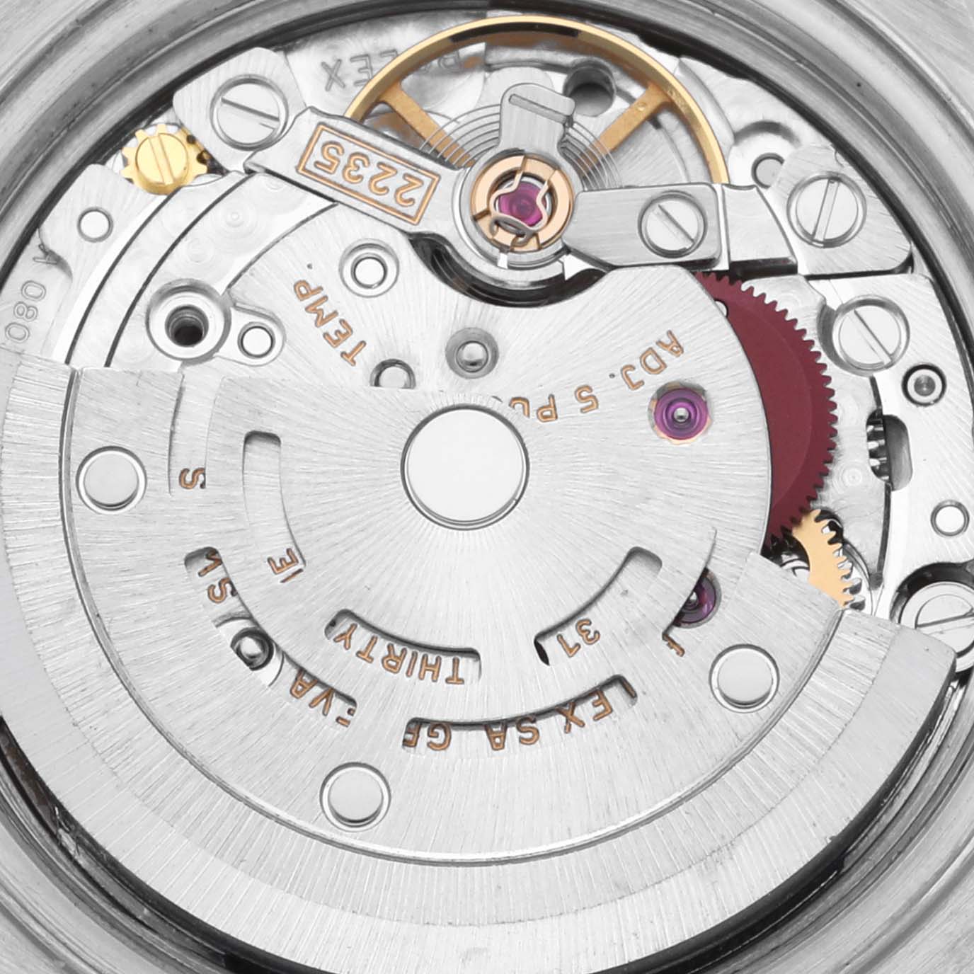 The image shows the automatic movement of a Rolex Datejust 79173 Women's Steel and Gold (two tone) Champagne Dial 79173 Women's Steel and Gold (two tone) Champagne Dial watch from a top-down angle.