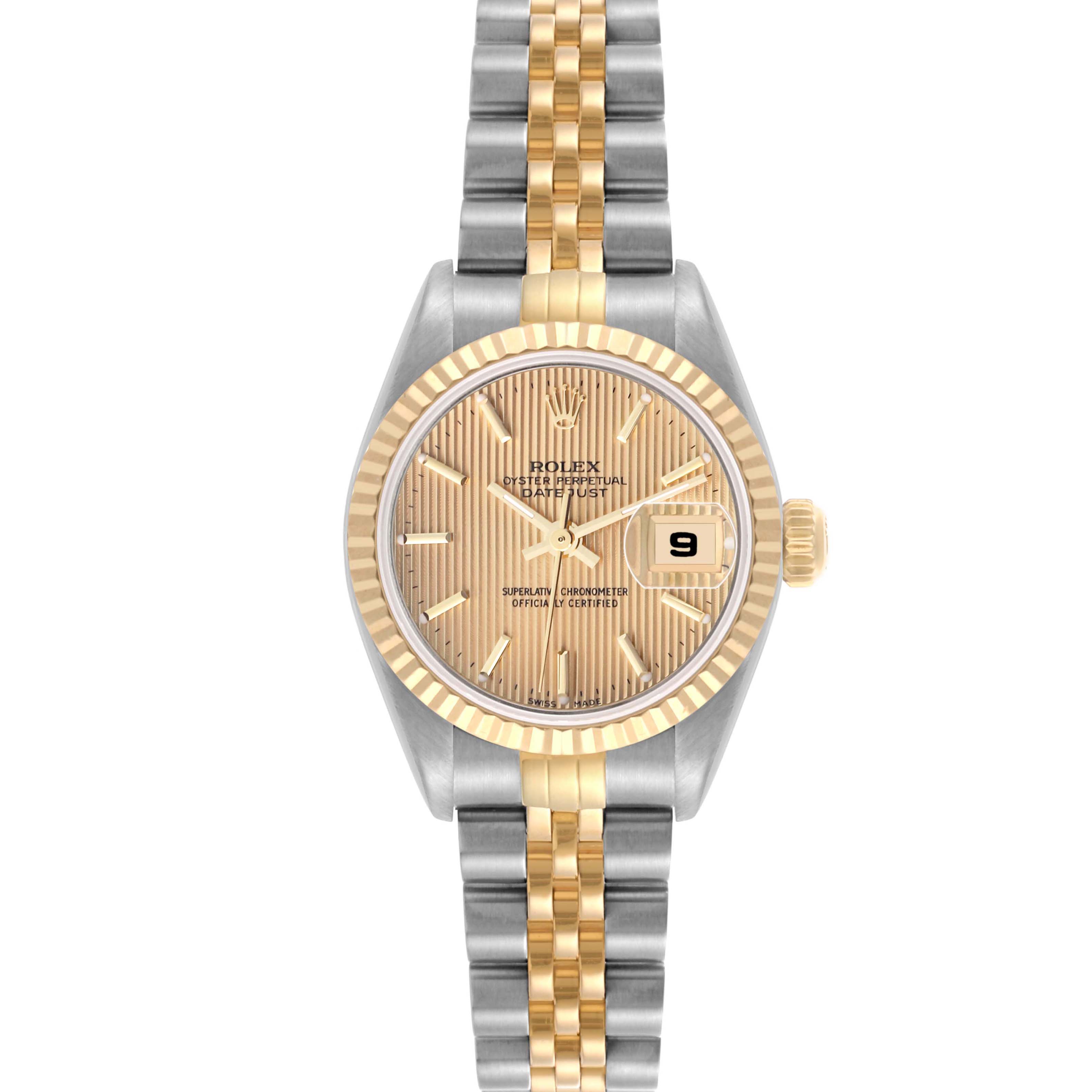 The Rolex Datejust 79173 Women's Steel and Gold (two tone) Champagne Dial 79173 Women's Steel and Gold (two tone) Champagne Dial watch is shown from a top view, displaying the dial, fluted bezel, and jubilee bracelet.