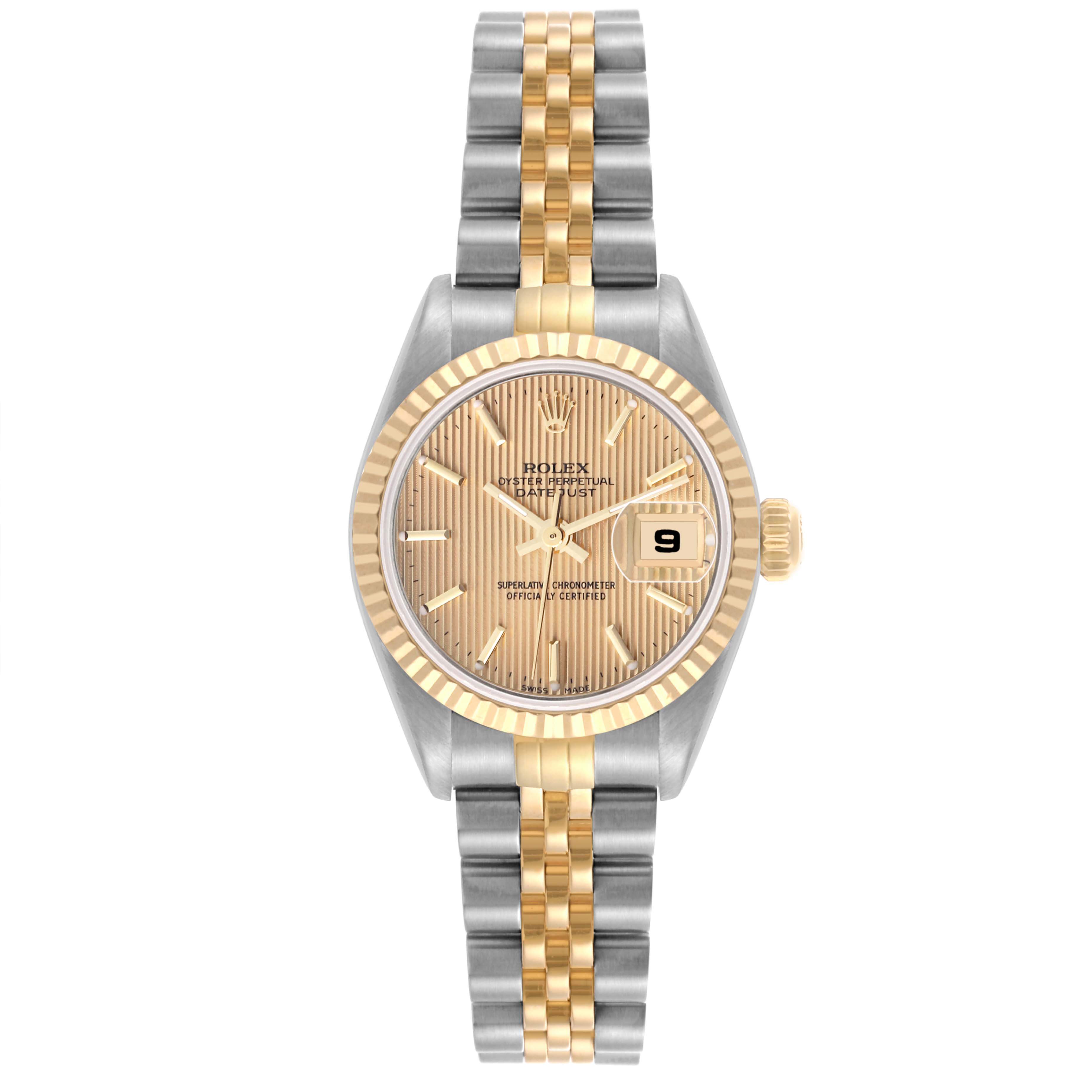 The Rolex Datejust 79173 Women's Steel and Gold (two tone) Champagne Dial 79173 Women's Steel and Gold (two tone) Champagne Dial is shown from a front angle, highlighting the dial, bezel, case, and Jubilee bracelet.