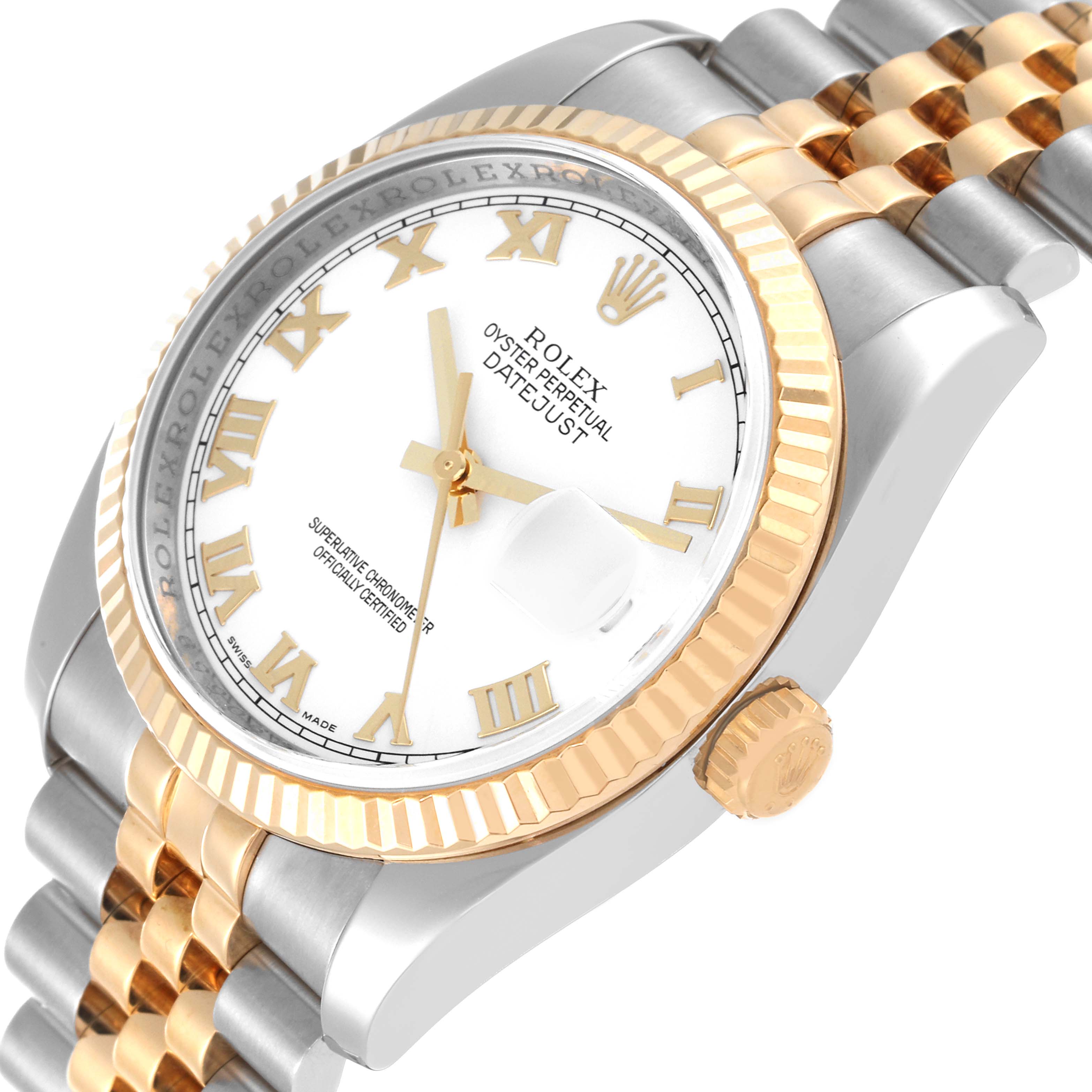 The Rolex Datejust 116233 Men's Steel and Gold (two tone) White Dial 116233 Men's Steel and Gold (two tone) White Dial watch is shown at an angled close-up, highlighting the dial, bezel, crown, and part of the bracelet.