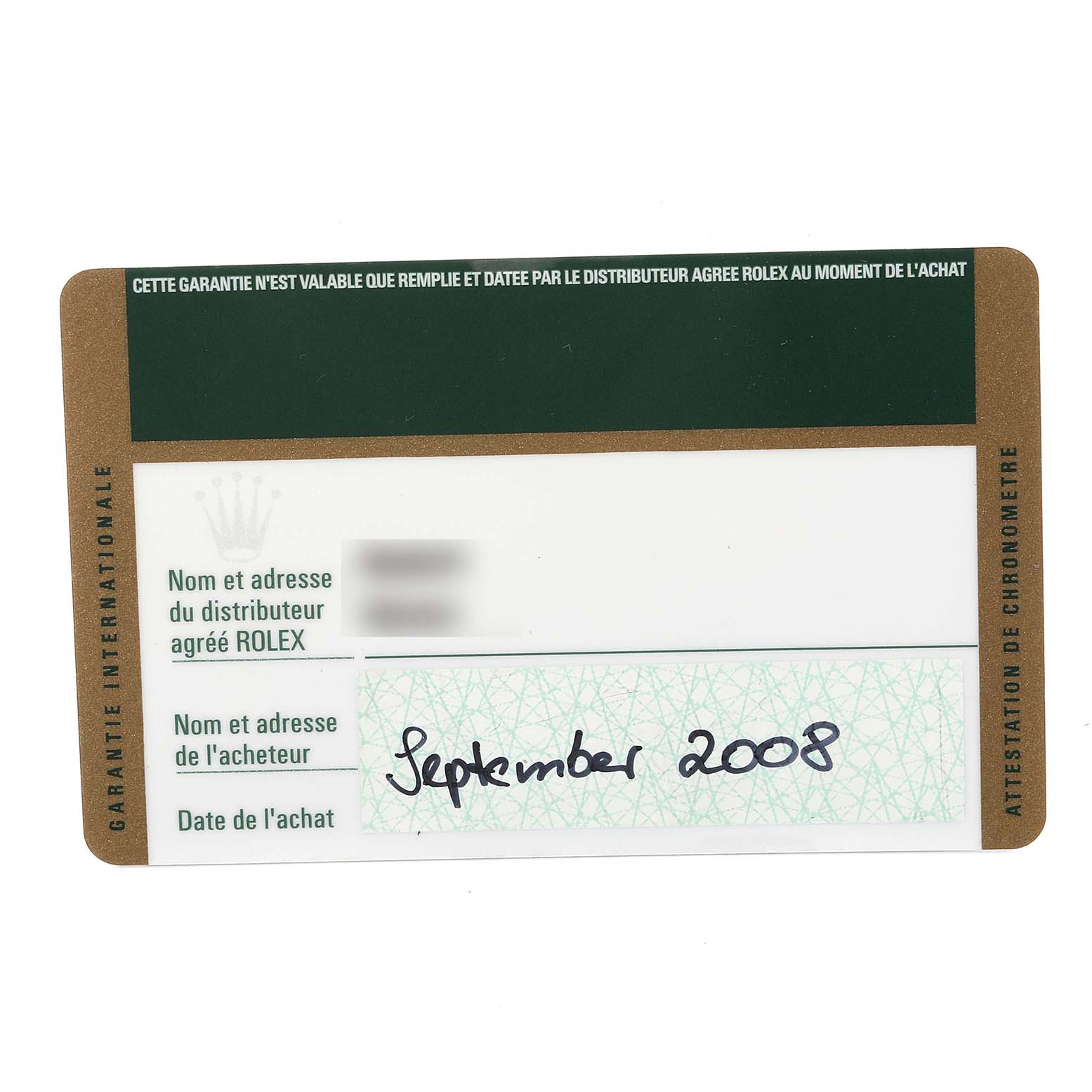 This is the warranty card for the Rolex Datejust 116233 Men's Steel and Gold (two tone) White Dial 116233 Men's Steel and Gold (two tone) White Dial, showing the date of purchase and details of the distributor.