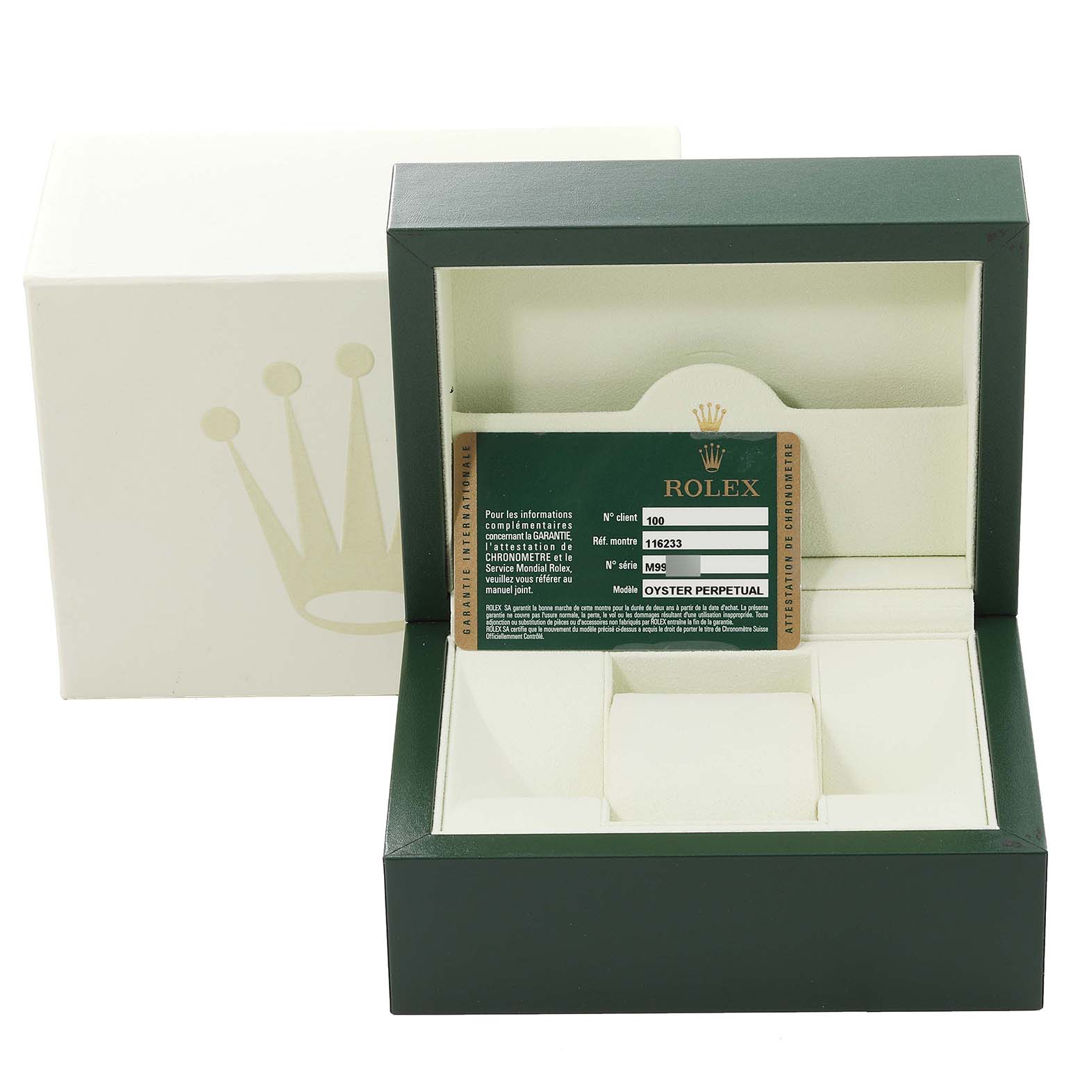 This image shows the open box and warranty card for a Rolex Datejust 116233 Men's Steel and Gold (two tone) White Dial 116233 Men's Steel and Gold (two tone) White Dial watch, along with the outer box.
