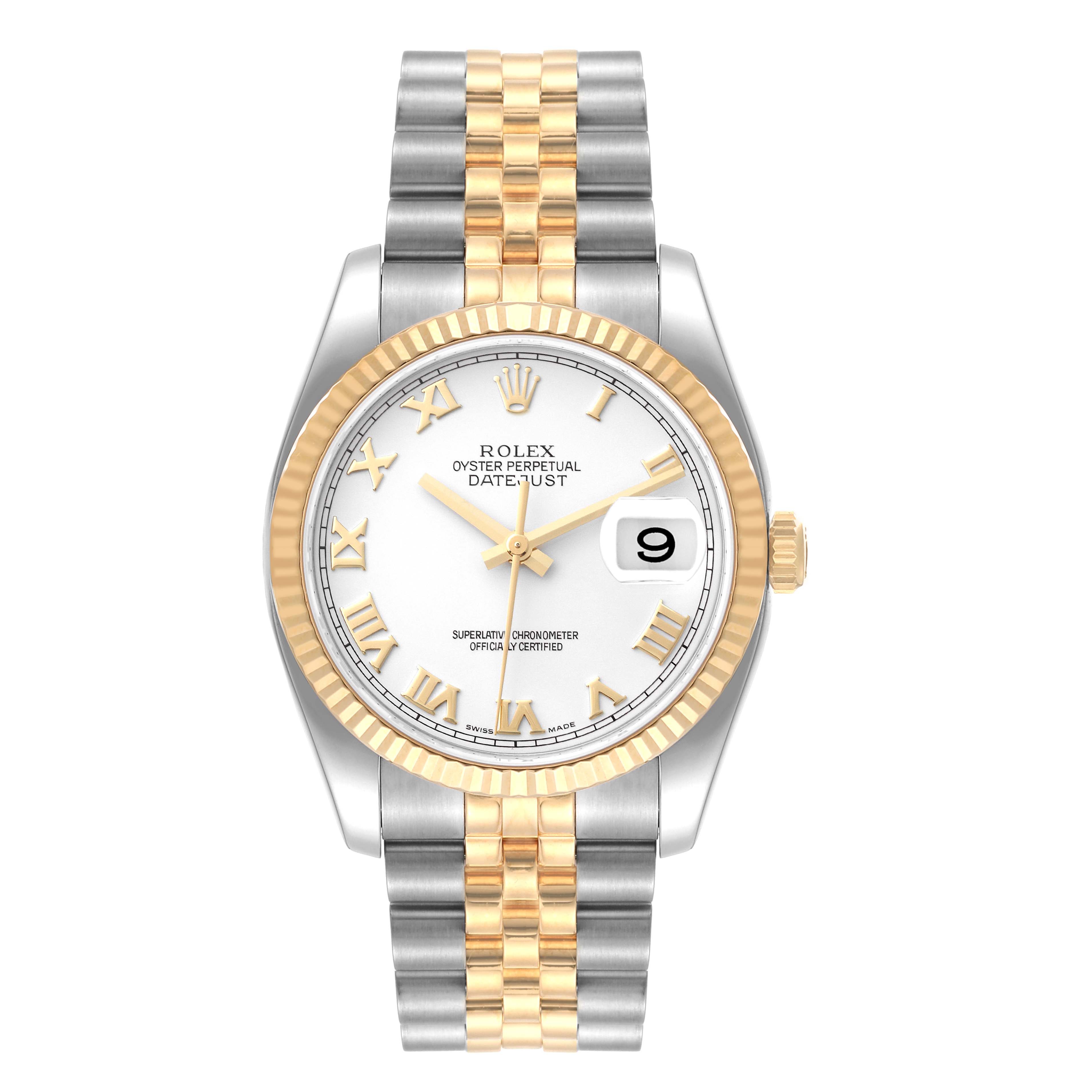 The Rolex Datejust 116233 Men's Steel and Gold (two tone) White Dial 116233 Men's Steel and Gold (two tone) White Dial watch is shown in a front view, highlighting its dial, bezel, and Jubilee bracelet.