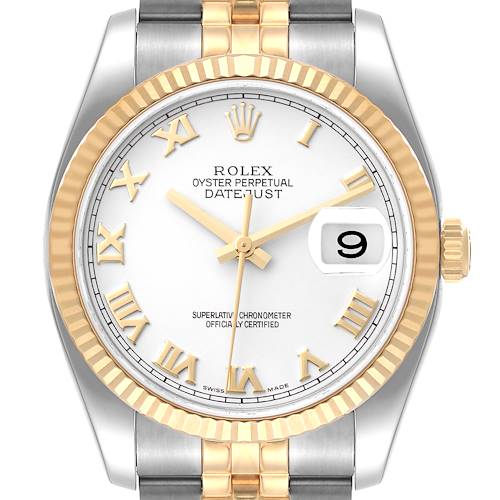 Photo of Rolex Datejust Steel Yellow Gold White Roman Dial Mens Watch 116233 Box Card