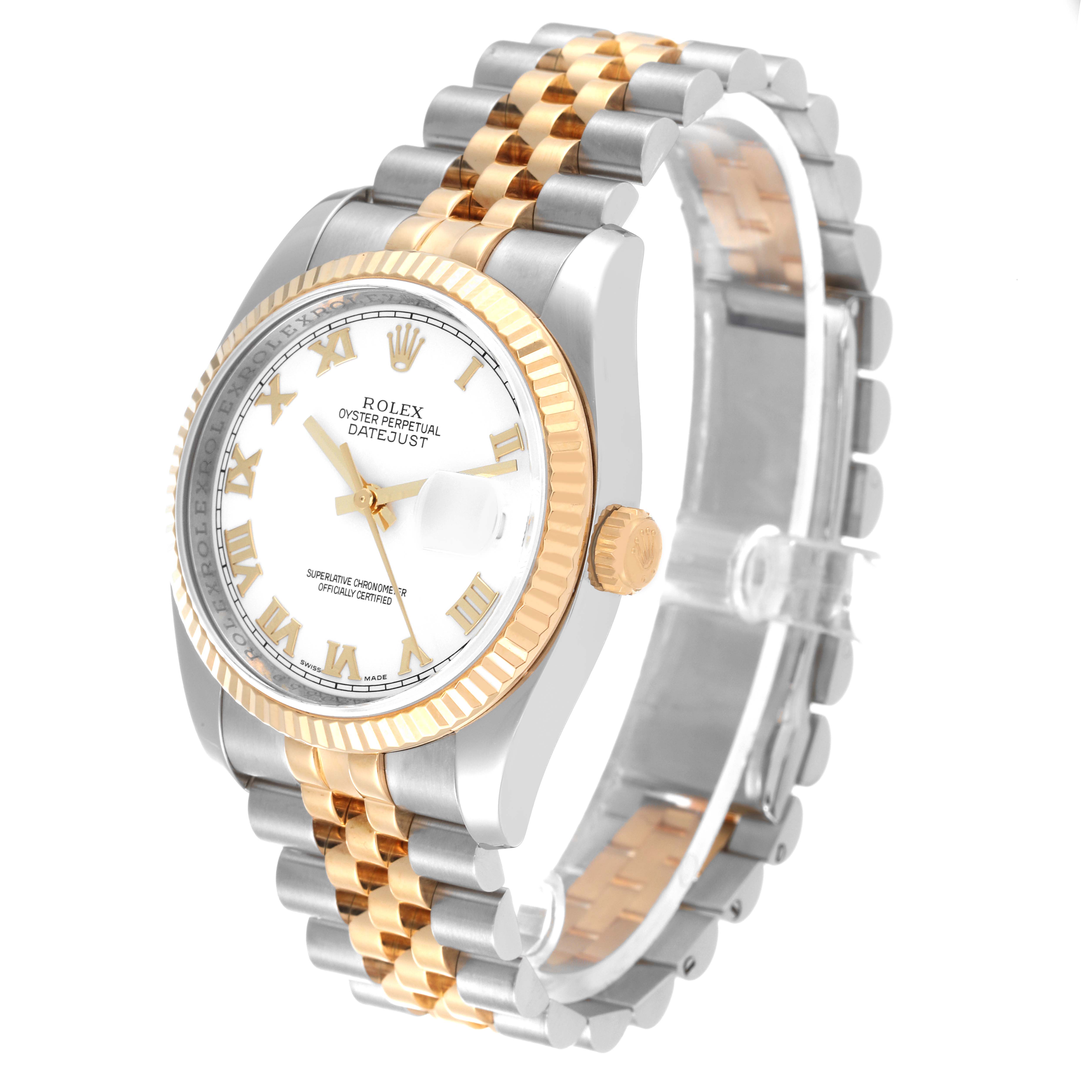 The Rolex Datejust 116233 Men's Steel and Gold (two tone) White Dial 116233 Men's Steel and Gold (two tone) White Dial watch is shown at a slight angle, displaying the face, bezel, crown, and bracelet in steel and gold.