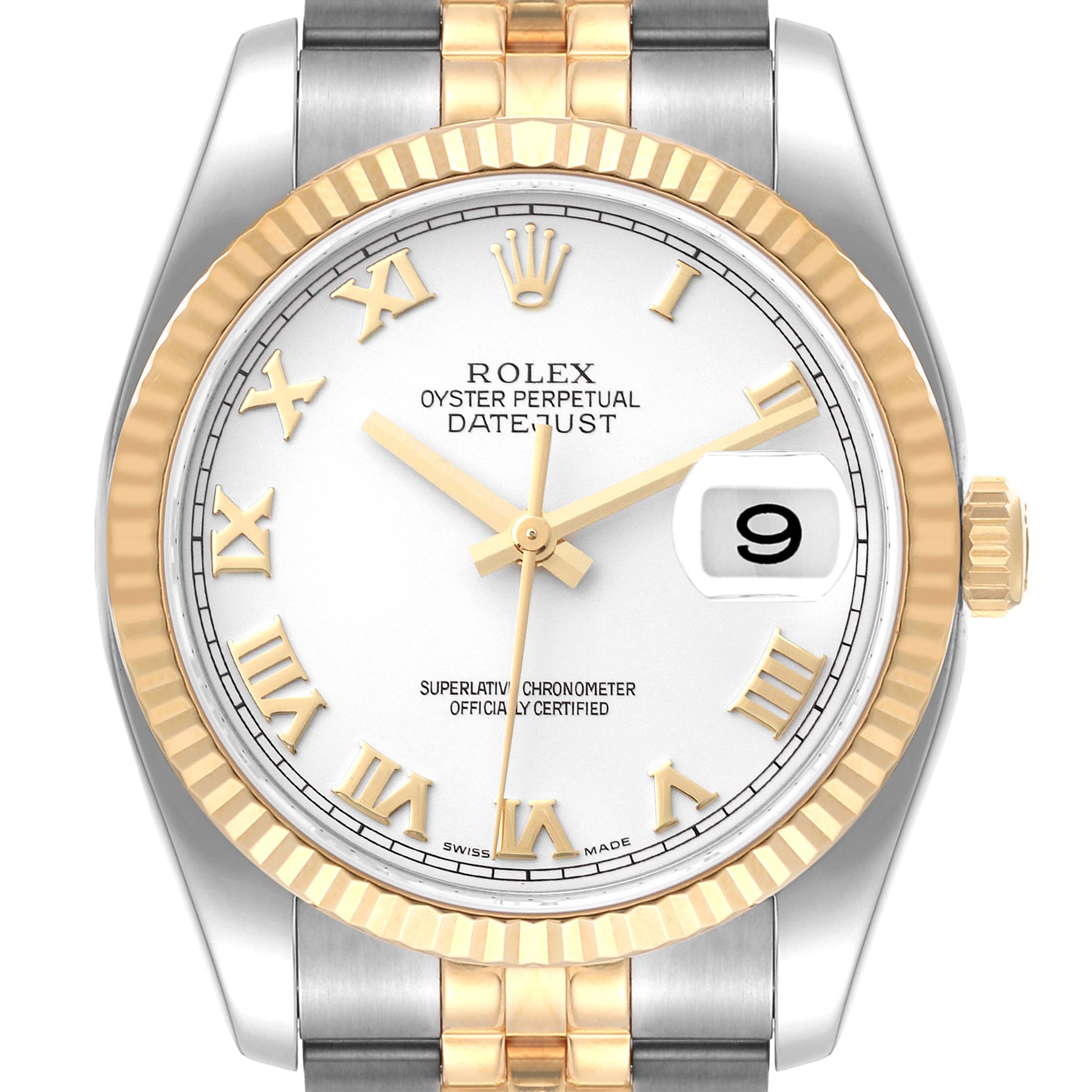 This image shows a frontal view of the Rolex Datejust 116233 Men's Steel and Gold (two tone) White Dial 116233 Men's Steel and Gold (two tone) White Dial with a two-tone bracelet and fluted bezel.