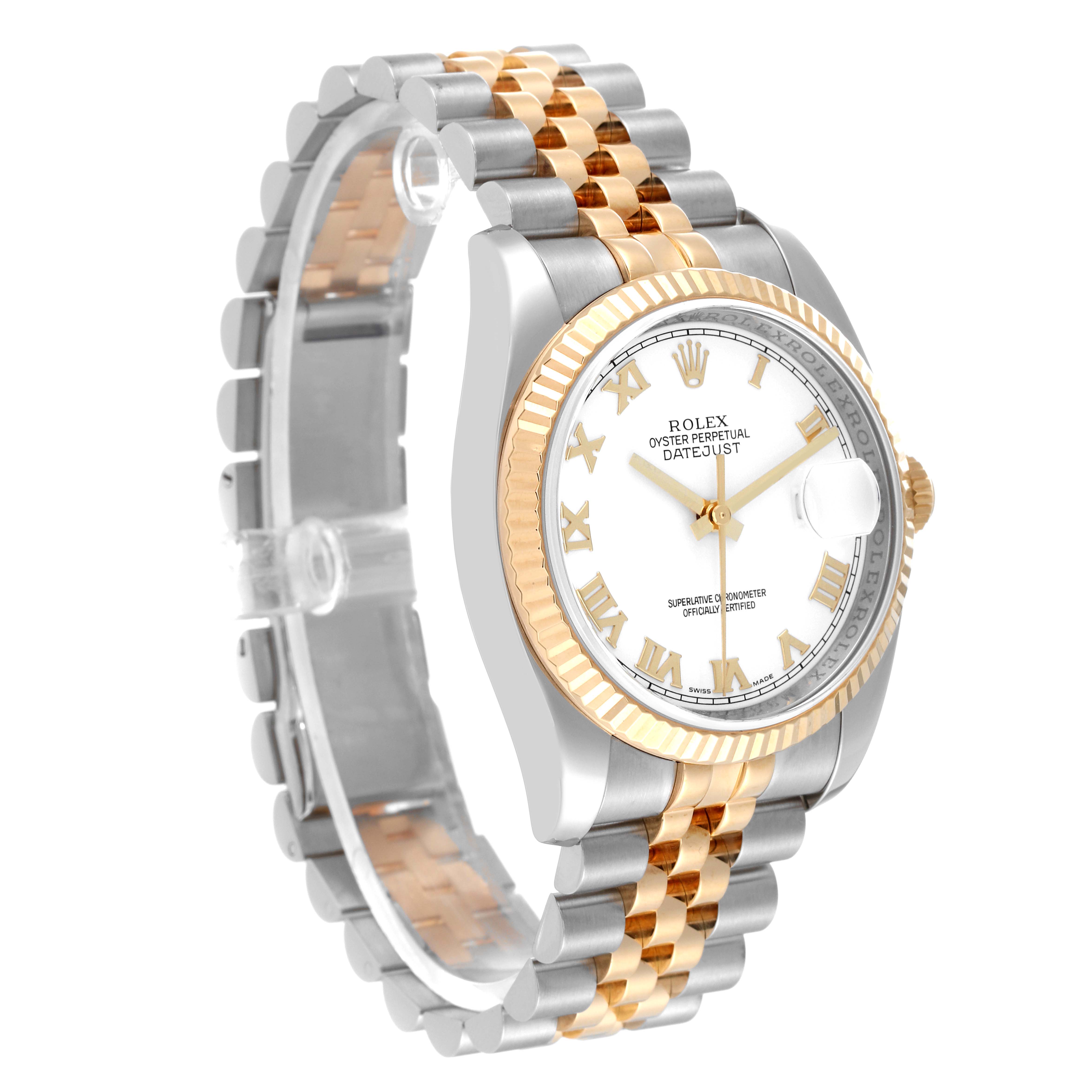 The image shows a side angle of the Rolex Datejust 116233 Men's Steel and Gold (two tone) White Dial 116233 Men's Steel and Gold (two tone) White Dial with a two-tone bracelet and a fluted bezel.