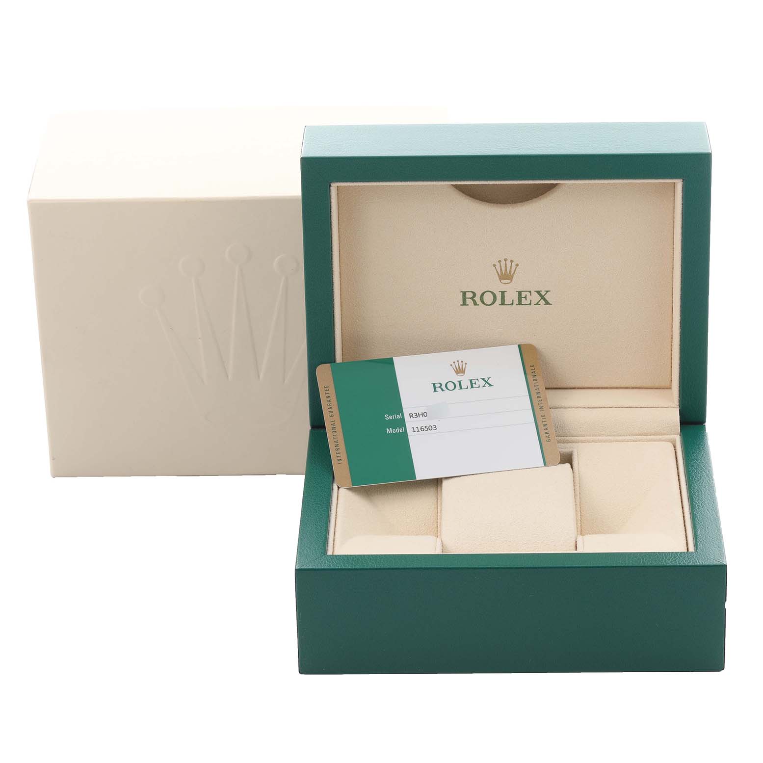 The image shows the open green box and warranty card for a Rolex Daytona 116503 Men's Steel and Gold (two tone) Mother of Pearl Dial 116503 Men's Steel and Gold (two tone) Mother of Pearl Dial watch, photographed from the front.