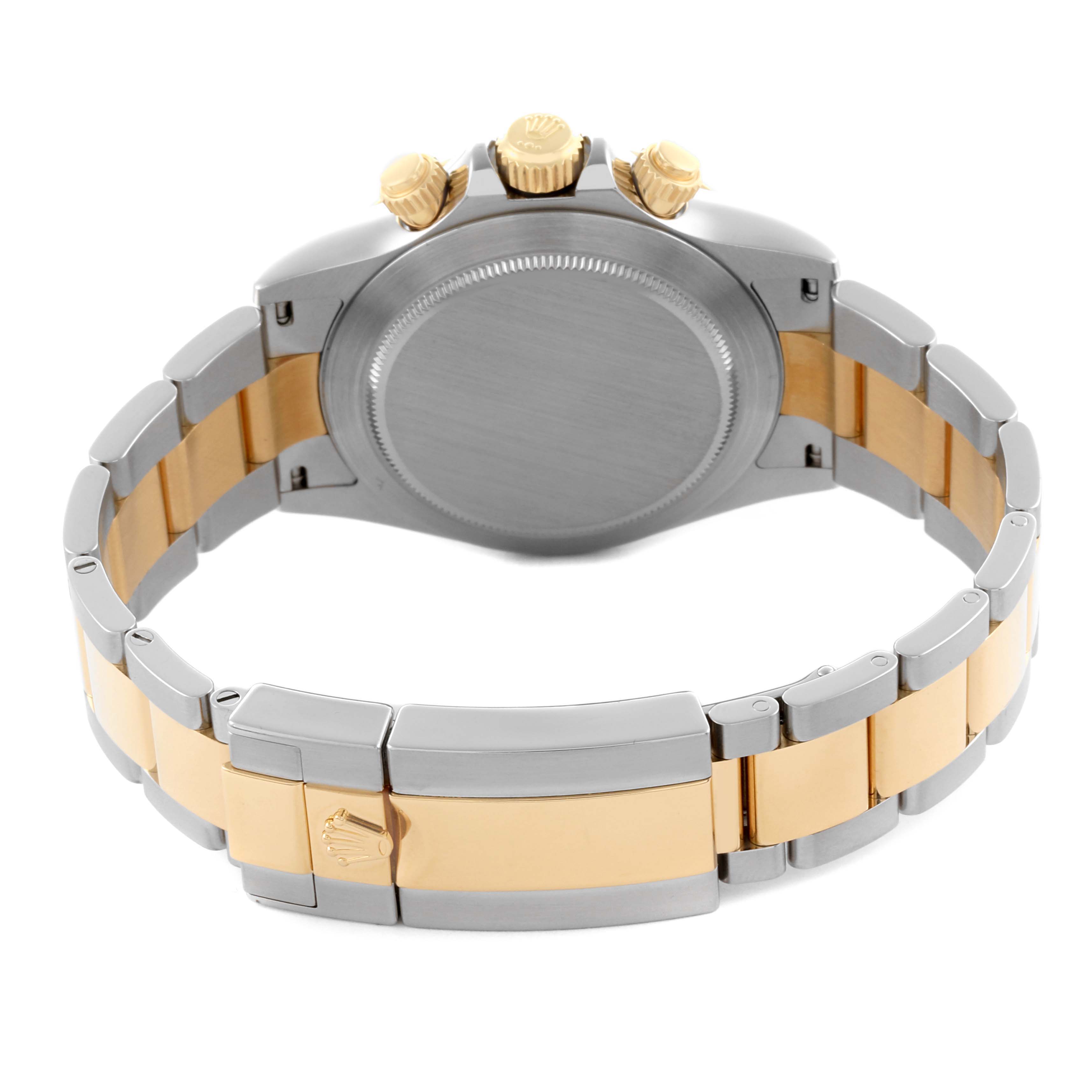 The Rolex Daytona 116503 Men's Steel and Gold (two tone) Mother of Pearl Dial 116503 Men's Steel and Gold (two tone) Mother of Pearl Dial watch is shown from the back, highlighting the clasp, bracelet, and crown side of the case.