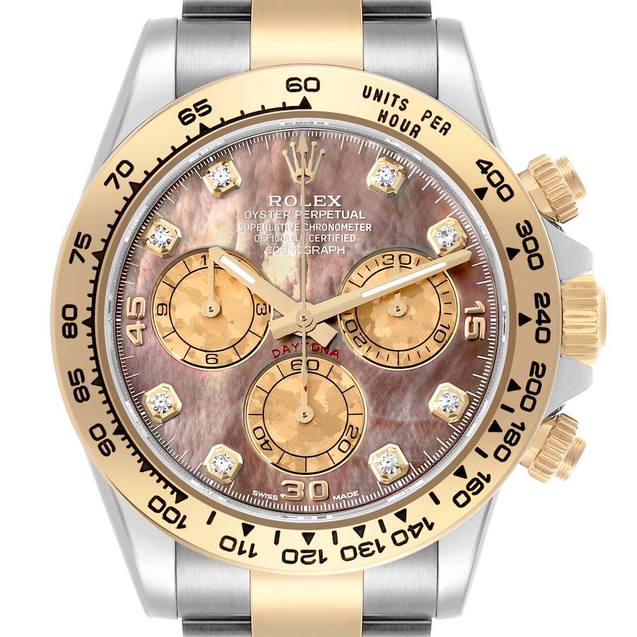 The image shows a frontal view of a Rolex Daytona watch, highlighting its bezel, dial, and chronograph features.