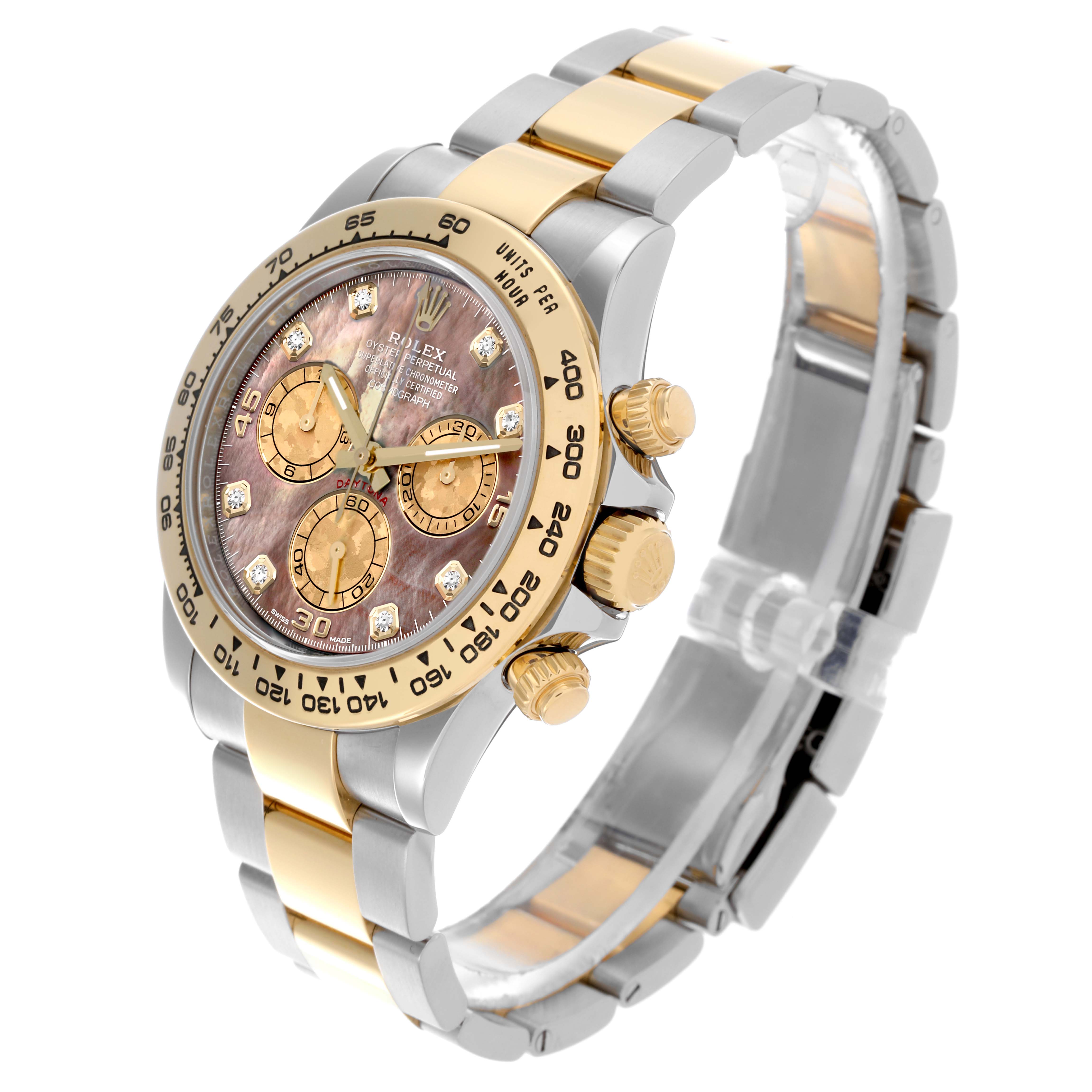 The Rolex Daytona 116503 Men's Steel and Gold (two tone) Mother of Pearl Dial 116503 Men's Steel and Gold (two tone) Mother of Pearl Dial watch is shown at a three-quarter angle, highlighting its case, dial, bezel, and bracelet.