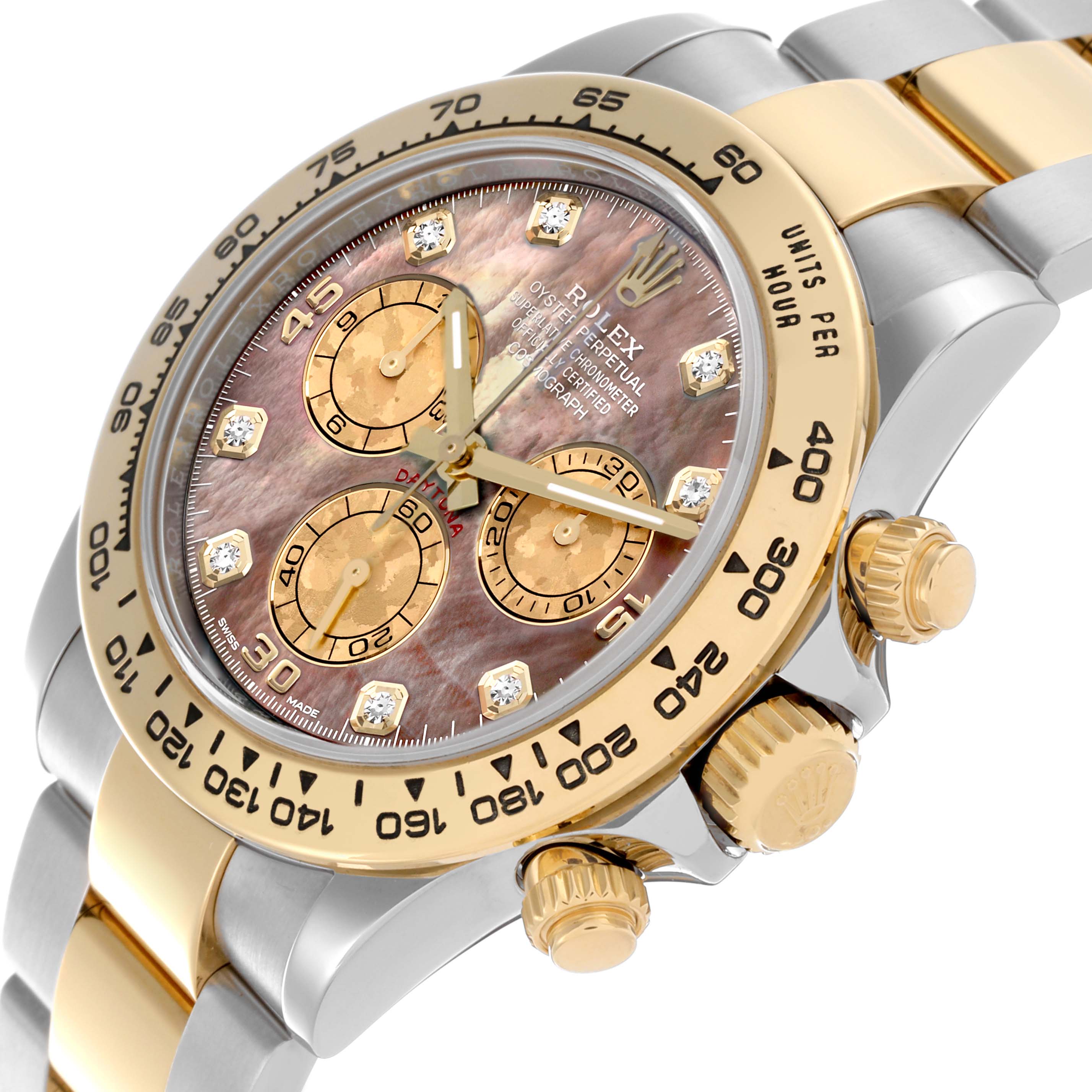 The image shows a Rolex Daytona 116503 Men's Steel and Gold (two tone) Mother of Pearl Dial 116503 Men's Steel and Gold (two tone) Mother of Pearl Dial watch at an angle highlighting the dial, bezel, crown, and part of the bracelet.