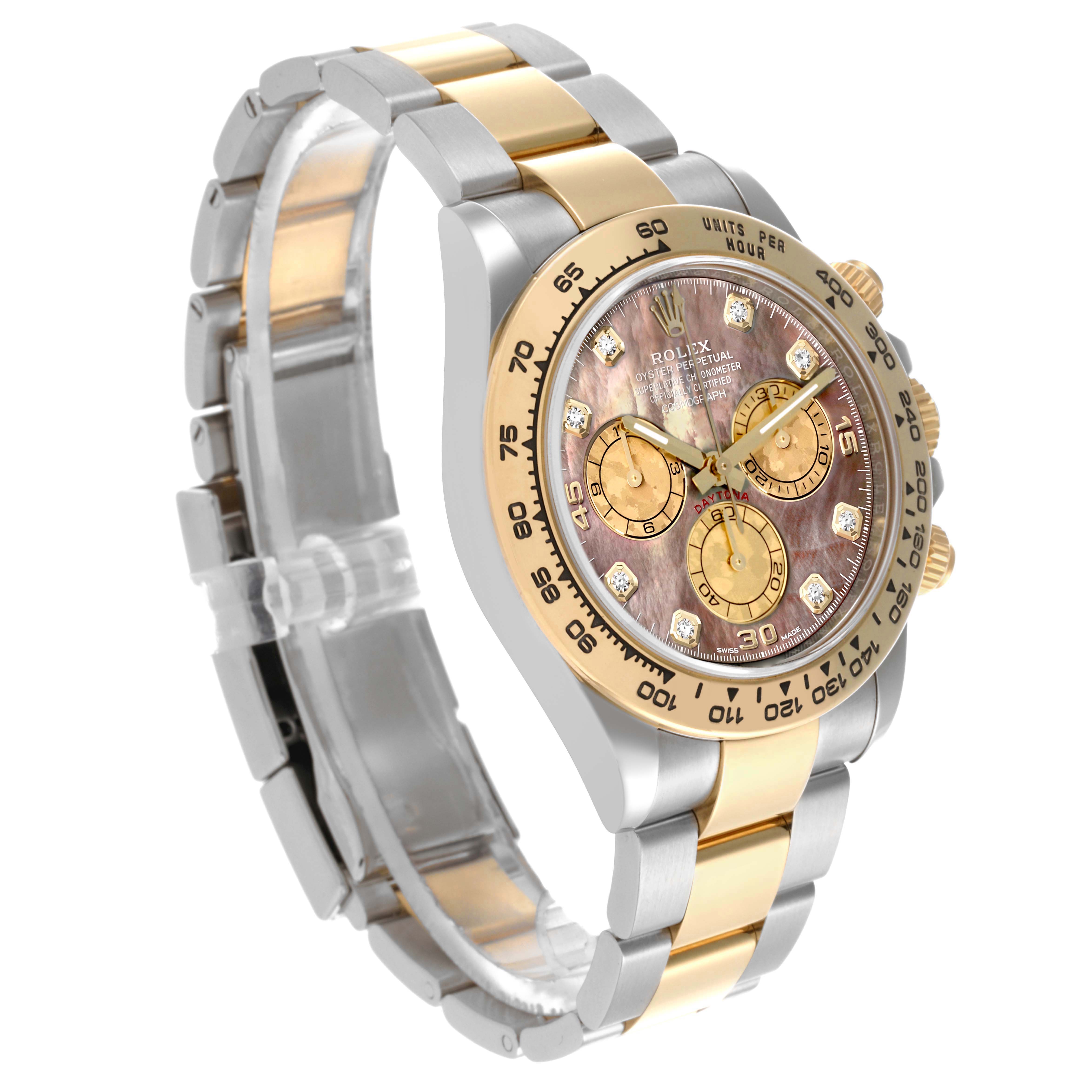 The Rolex Daytona 116503 Men's Steel and Gold (two tone) Mother of Pearl Dial 116503 Men's Steel and Gold (two tone) Mother of Pearl Dial watch is shown at a three-quarter angle, highlighting its face, bezel, crown, and bracelet.