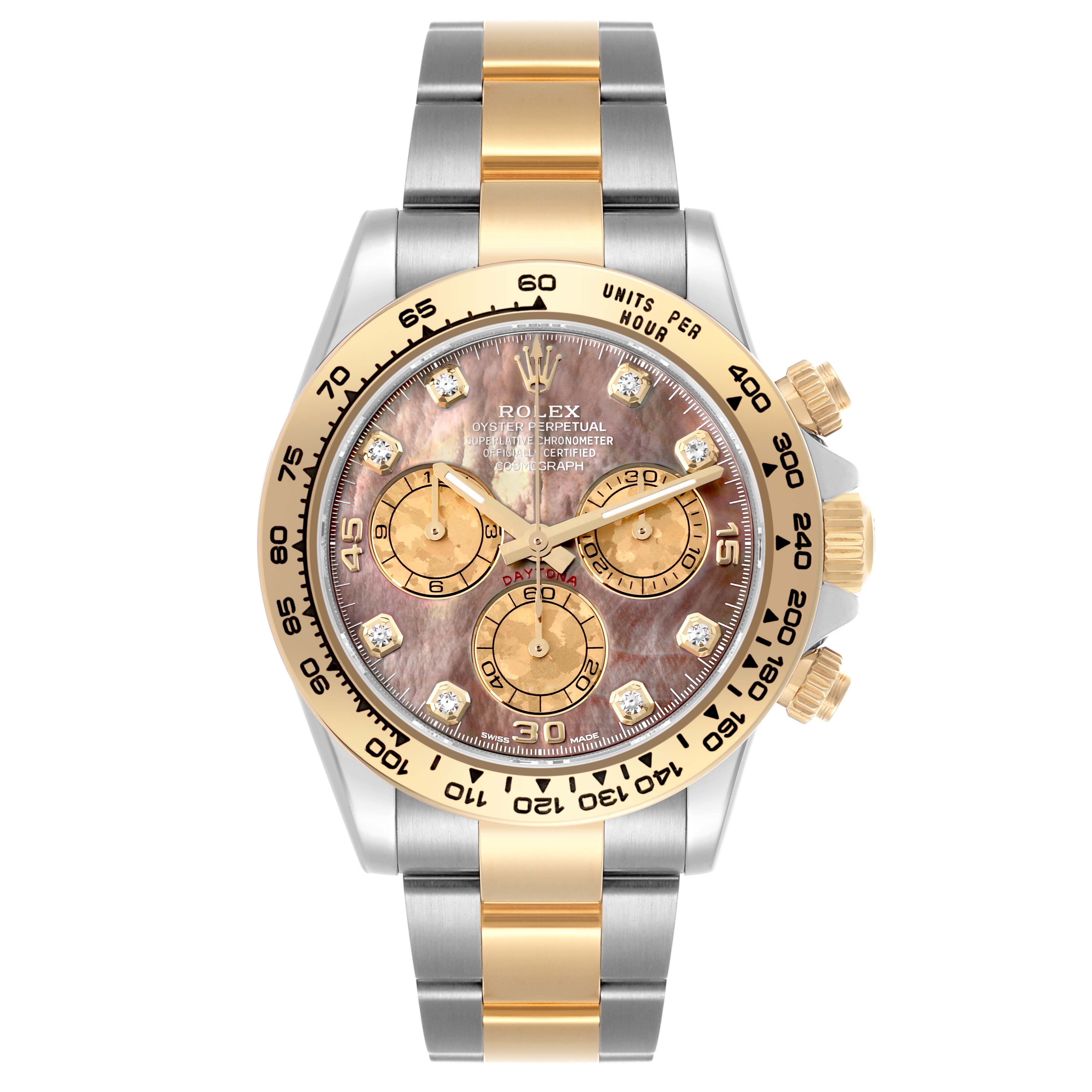 The Rolex Daytona 116503 Men's Steel and Gold (two tone) Mother of Pearl Dial 116503 Men's Steel and Gold (two tone) Mother of Pearl Dial watch is shown from a front angle, highlighting its dial, bezel, and bracelet.