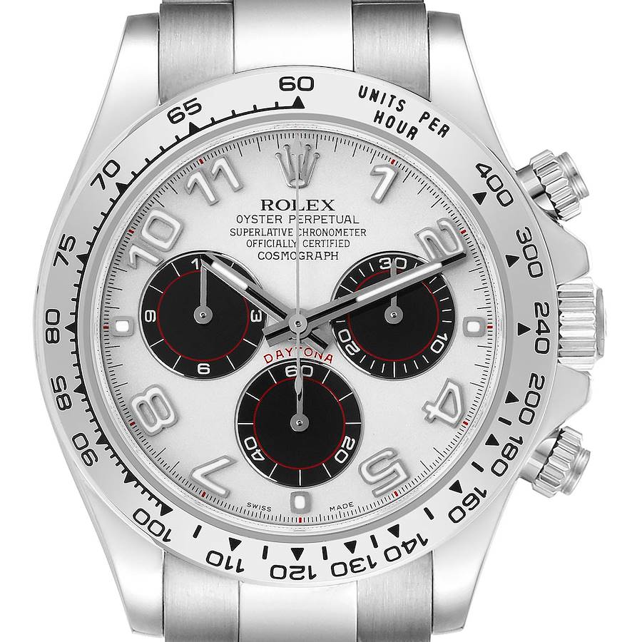 The watch is a Rolex Daytona, shown from a front angle highlighting the face, bezel, and crown.